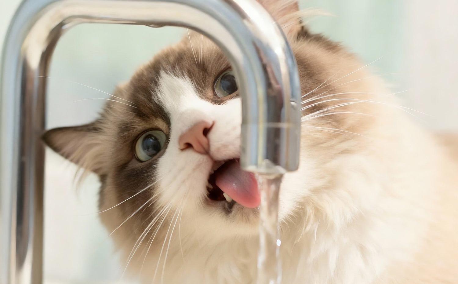Cat near a gentle water source in a clean, refreshing setting, illustrating healthy cat hydration and encouraging cat drinking water habits