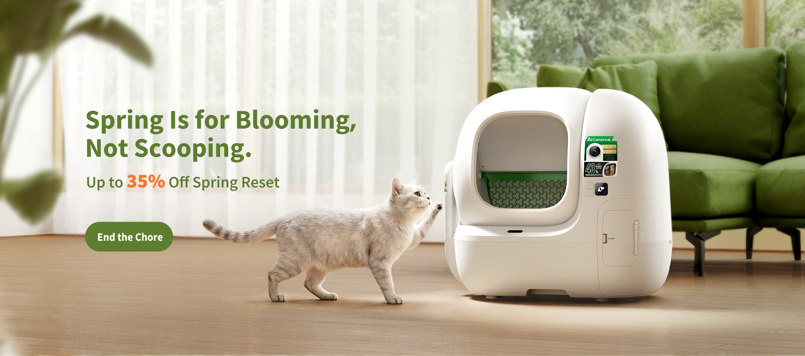 Cat walking towards the PETKIT Purobot Max Pro 2 self-cleaning litter box with promotional text in a bright room.