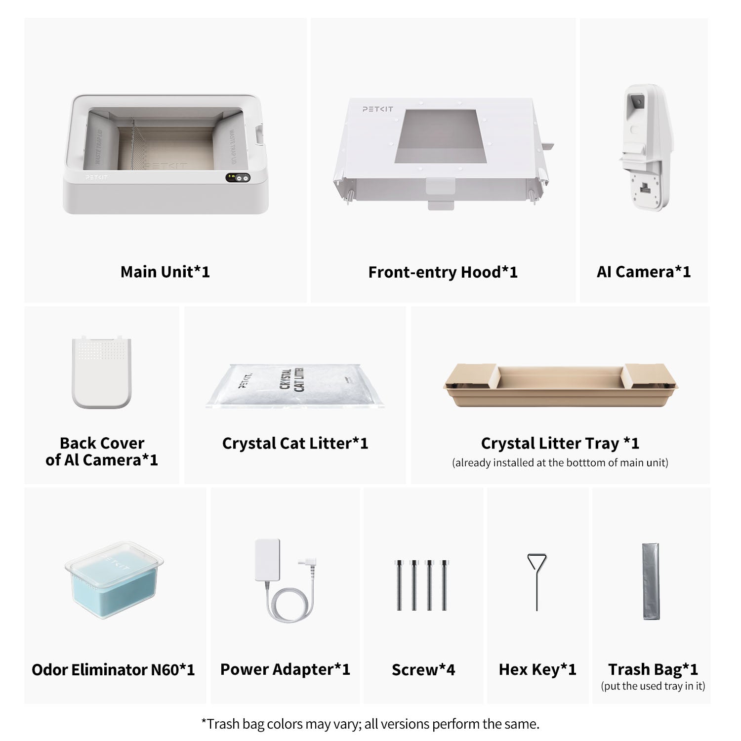 List of components for a pet care system including main unit, front-entry hood, AI camera, crystal cat litter tray, odor eliminator, power adapter, screws, hex key, and trash bag.