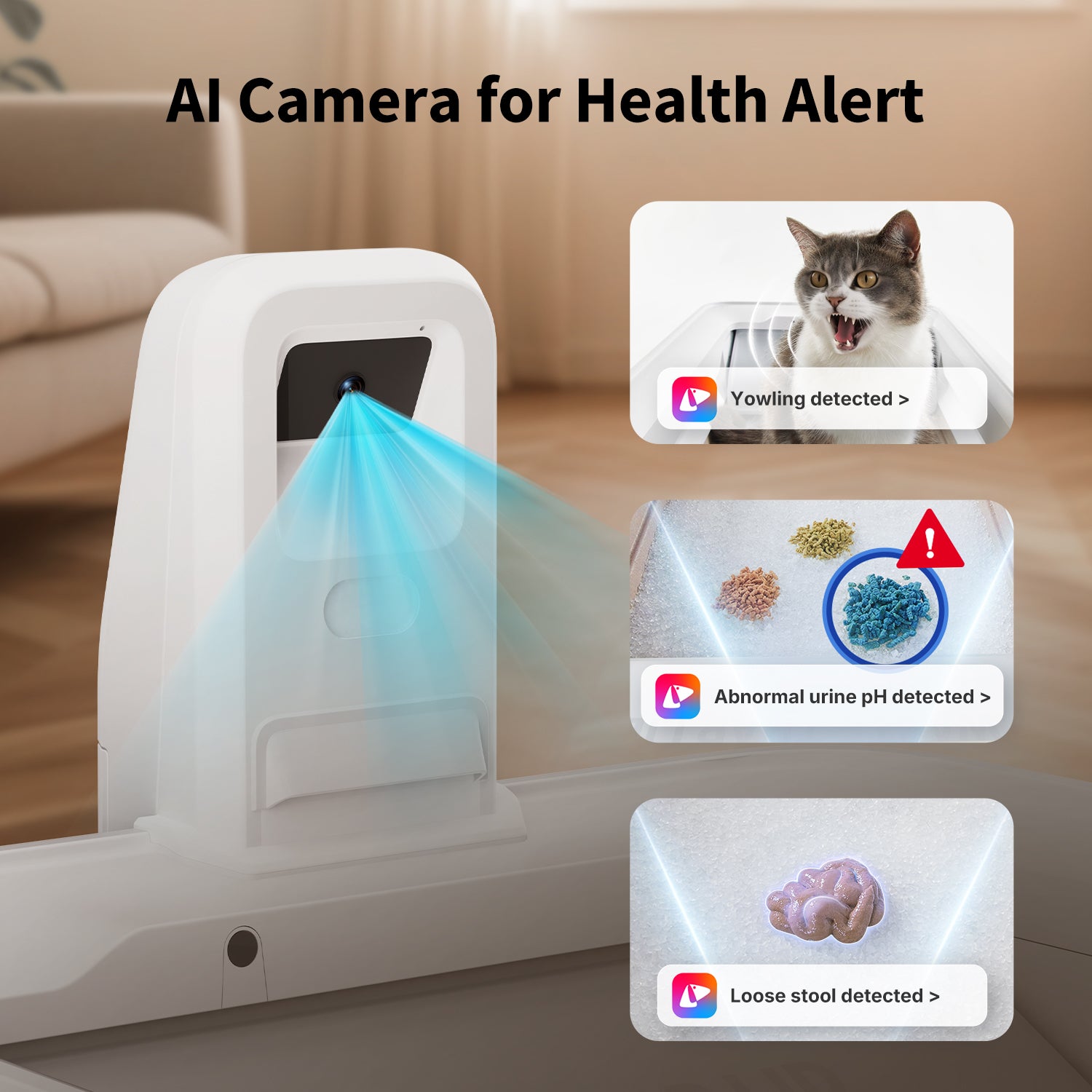 AI Camera detects yowling, urine pH and loose stool, warning of possible urinary diseases like FLUTD and other health issues.