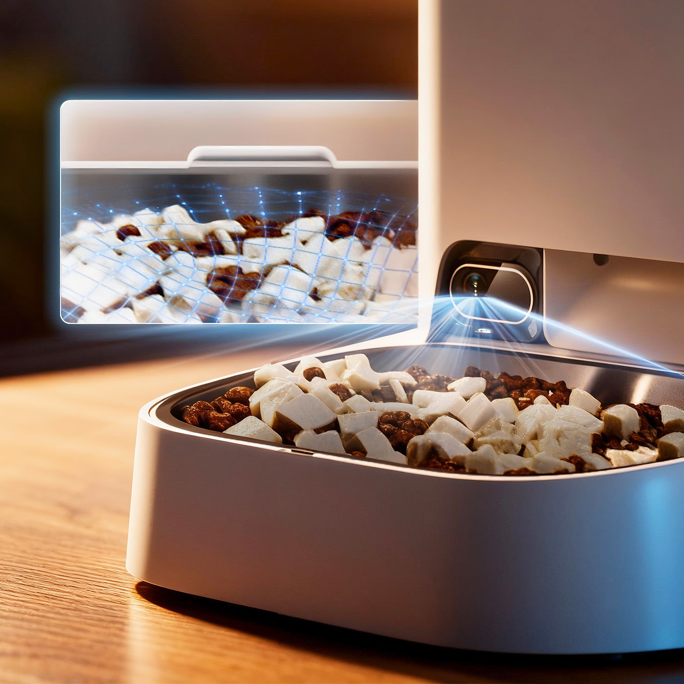 AI detects food left in the bowl to prevent overfilling and shows clear before-after meal images.