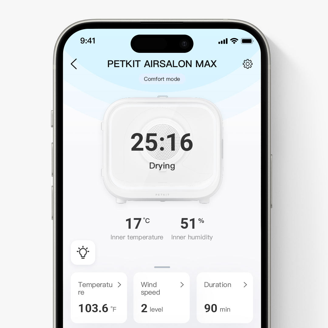 PETKIT app alerts and timer tracking for AirSalon Max Pet Dryer Box keeping pet owners informed in real time