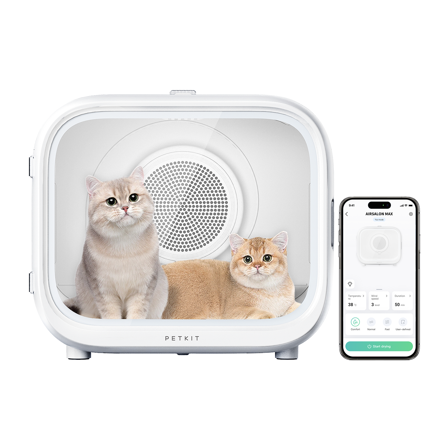 AirSalon Max Pet Dryer Box with smart app control, allowing pet owners to monitor box usage via mobile app
