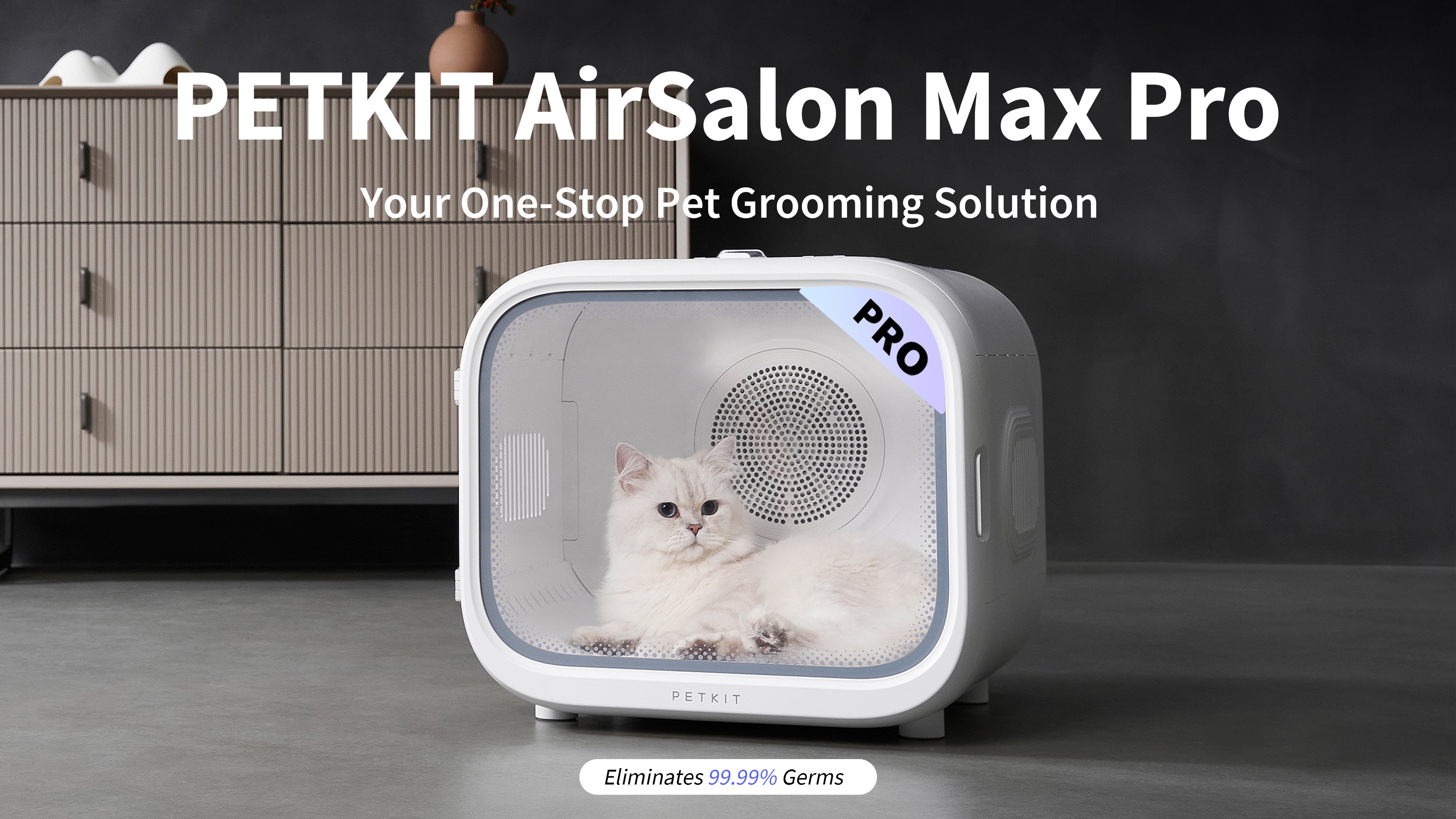 AirSalon Max Pro Pet Dryer Box banner showcasing one-stop pet grooming solution with app connectivity and modern design