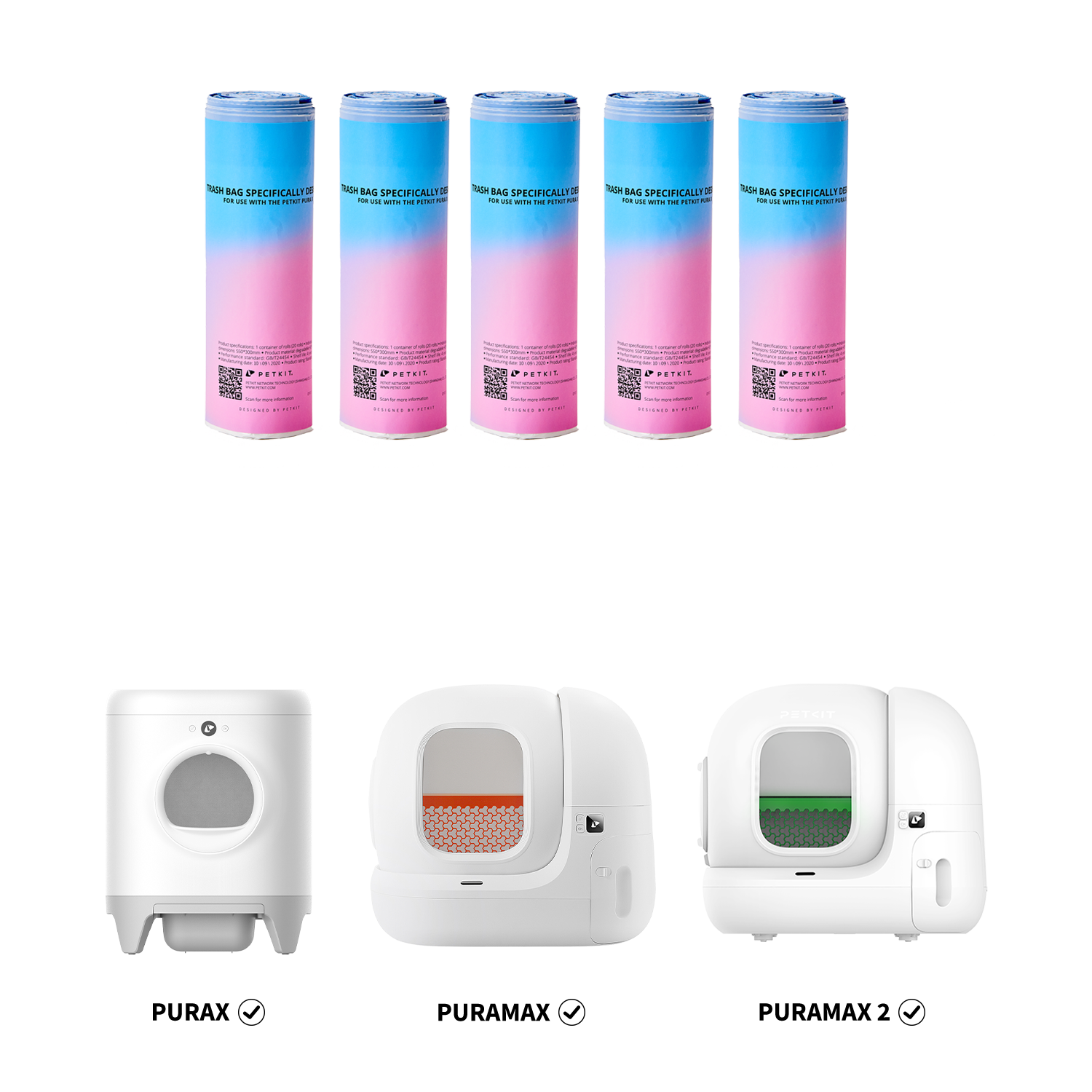Automatic Litter Box Trash Bag displayed with compatible PETKIT litter boxes Purax, PuraMax, and PuraMax 2, showing perfect fit and usage compatibility