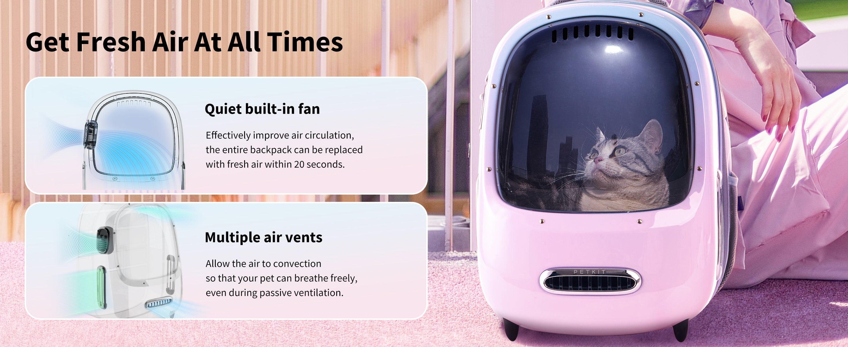 Breezy 2 Cat Carrier combining a quiet built-in fan and multiple air vents to fully refresh interior air within 20 seconds