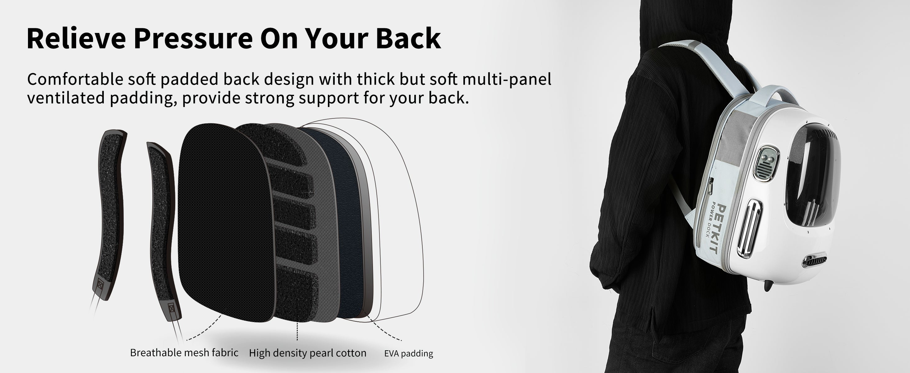 Breezy 2 Cat Carrier with thick, soft, multi-panel ventilated back padding designed to reduce pressure and support long-term carrying