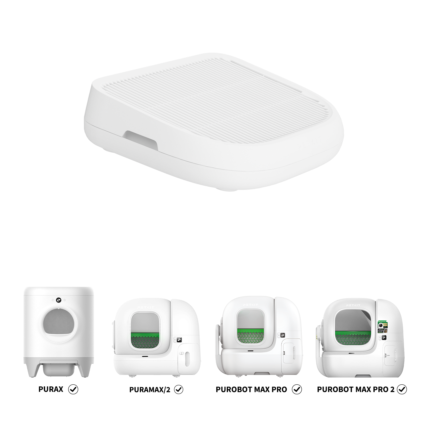 Cat Litter Ramp displayed with compatible PETKIT automatic litter boxes, including PuraX, PuraMax 2, Purobot Max Pro, and Purobot Max Pro 2 Automatic Litter Box