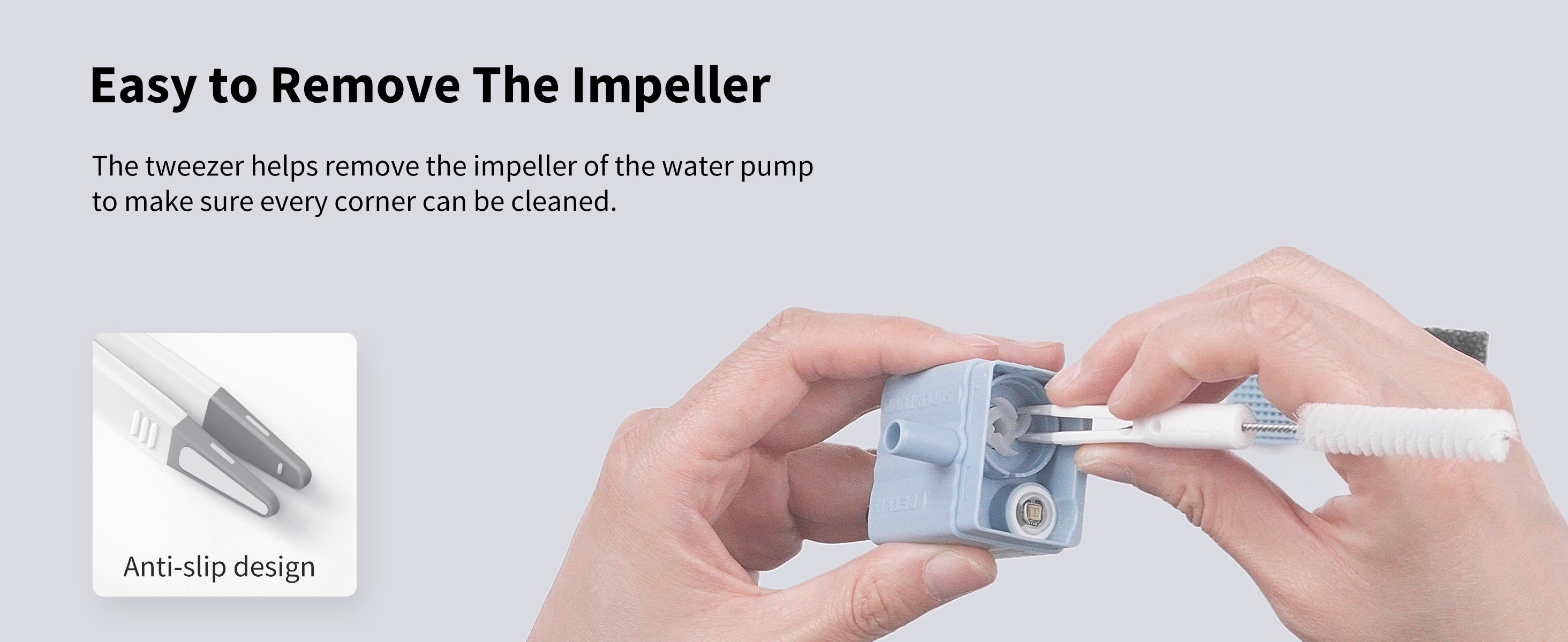 Tweezers from Cleaning Set removing water pump impeller for thorough cleaning of all components