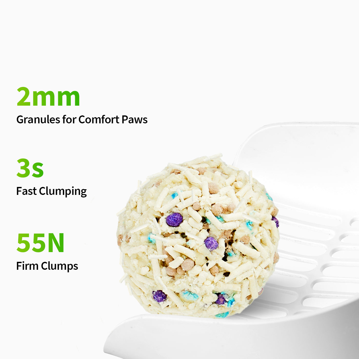 Clump+ Tofu Mixed Cat Litter forming solid clumps within 3 seconds with strong liquid absorption and non-stick base for easy scooping