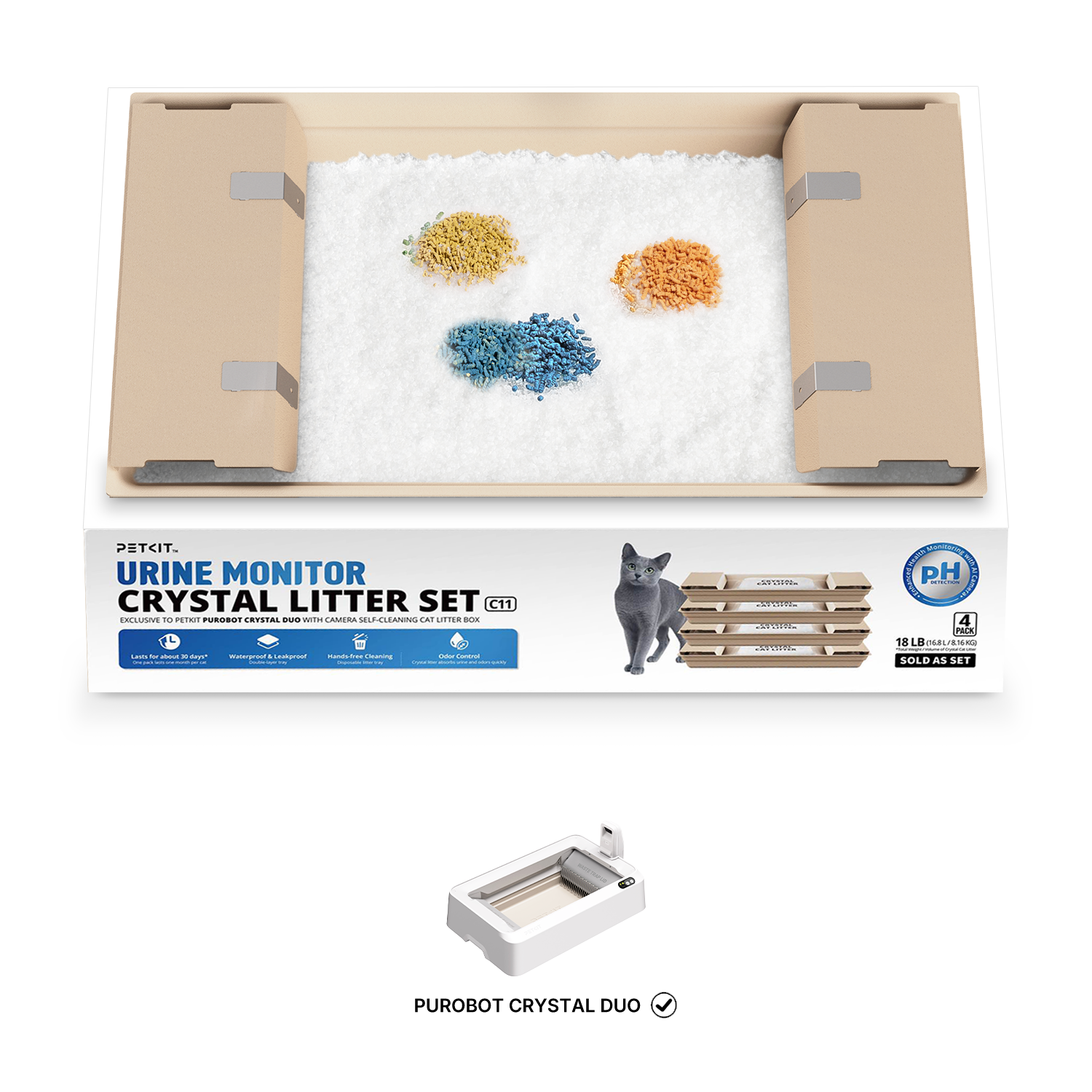 PETKIT Urine Monitor Crystal Litter Set packaging with trays, crystal litter, and color-detecting granules