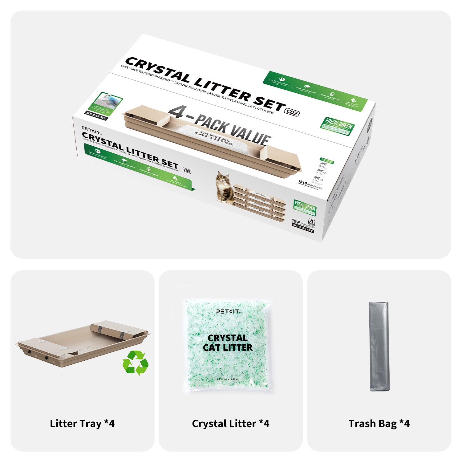 Crystal Litter Set (Fresh Green) includes 4 packs of litter tray, 4 bags of crystal litter, and 4 bags of disposable waste liners, complete kit for hassle-free cat care.