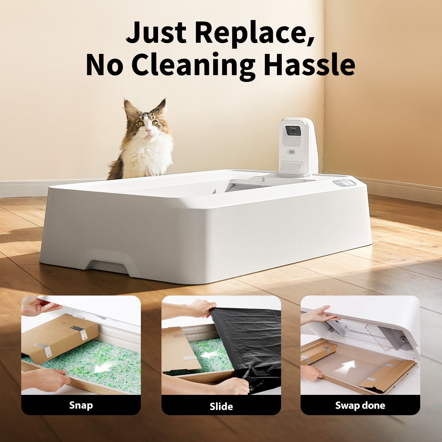 Easy crystal litter replacement, no cleaning needed.