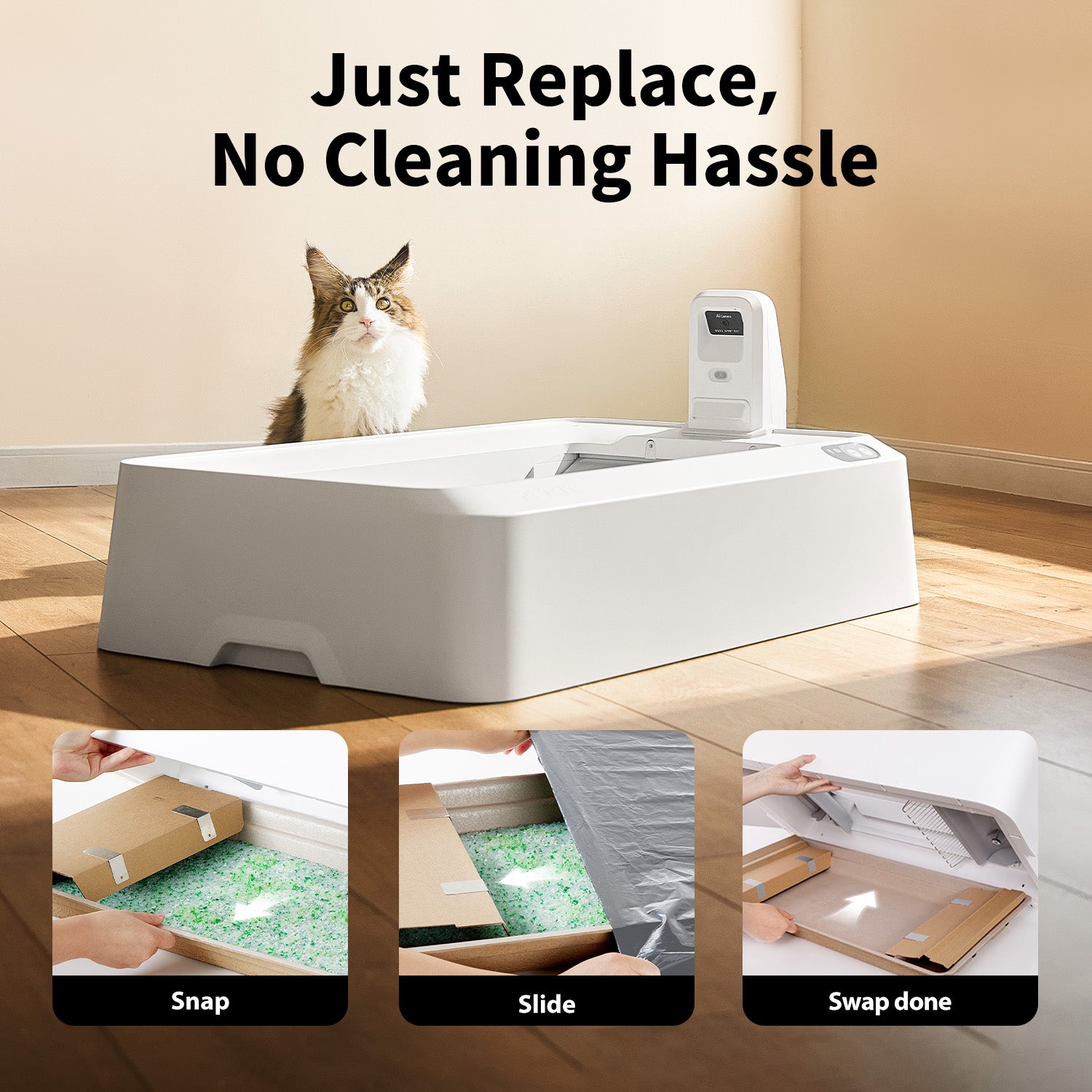 Easy crystal litter replacement, no cleaning needed.