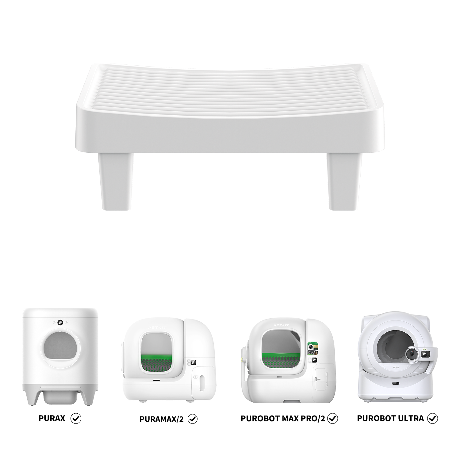 Easy-Step Pedal displayed with compatible litter boxes: Purobot Ultra, Purobot Max Pro 2, PuraMax 2, and PuraMax Automatic Litter Box