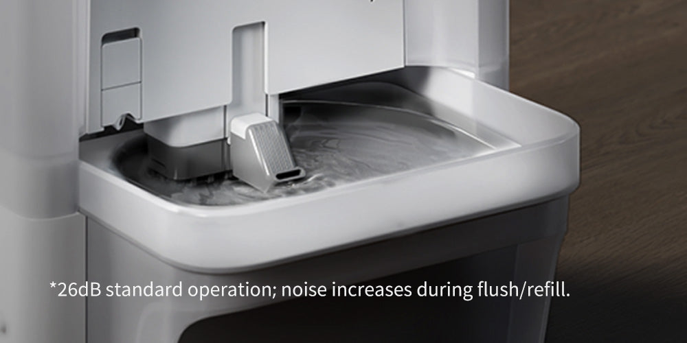 EverSweet Ultra Cat Water Fountain operating quietly at 26dB, barely noticeable except during flush or refill