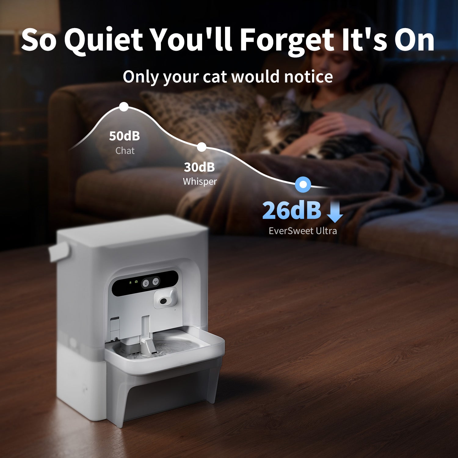 EverSweet Ultra Cat Water Fountain operating quietly at 26dB, barely noticeable except by cats
