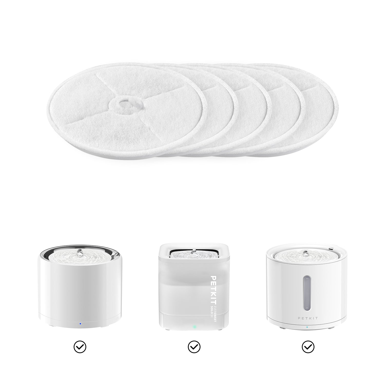 Five Filter Unit 3.0 filters shown as a set, compatible with EverSweet 3 Pro, EverSweet Solo SE, and EverSweet Solo 2 Pet Water Fountain
