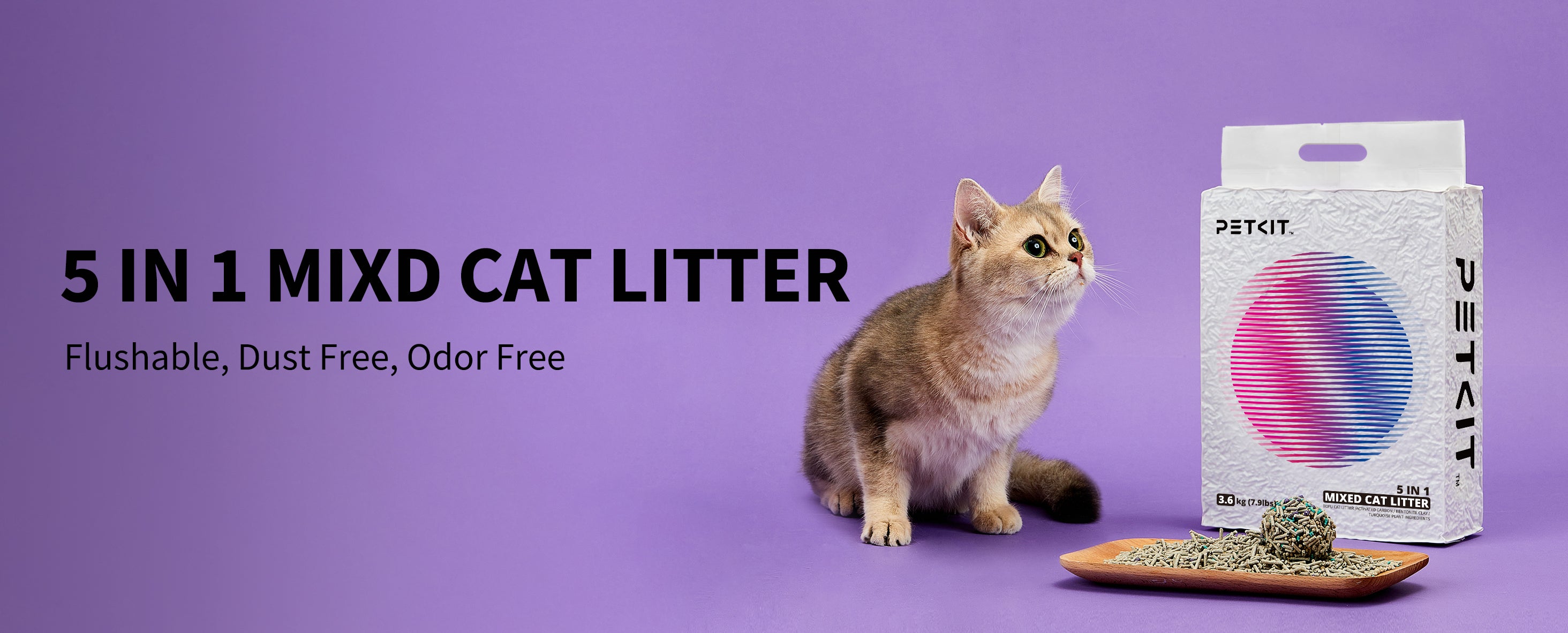 Flushable Clumping Cat Litter banner highlighting 5-in-1 mixed formula, dust-free, odor control, fast clumping, and flushable feature