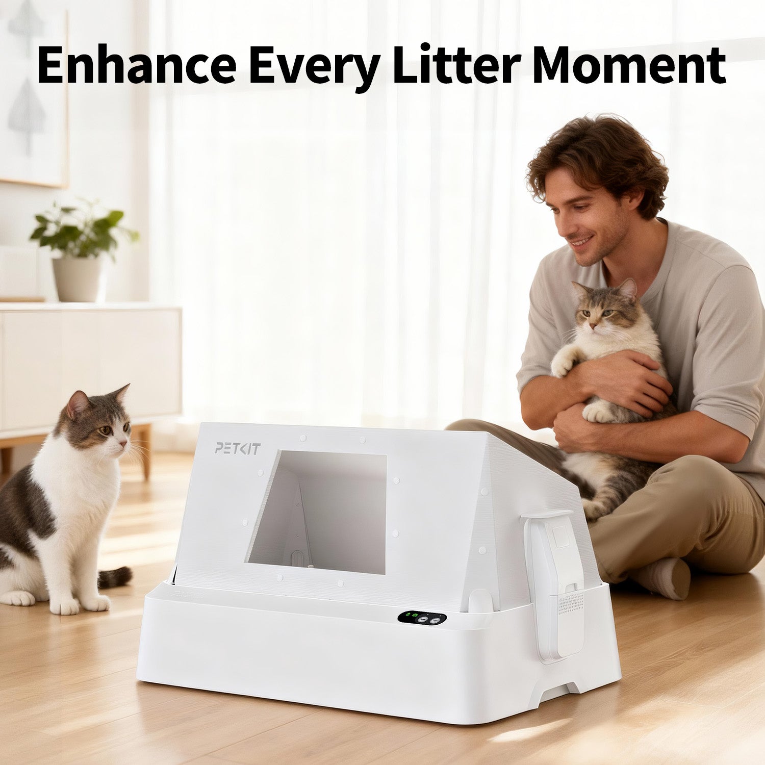 Front-Entry Hood with the PUROBOT CRYSTAL DUO in a cozy home scene as the owner holds their cat, conveying safety and peace of mind