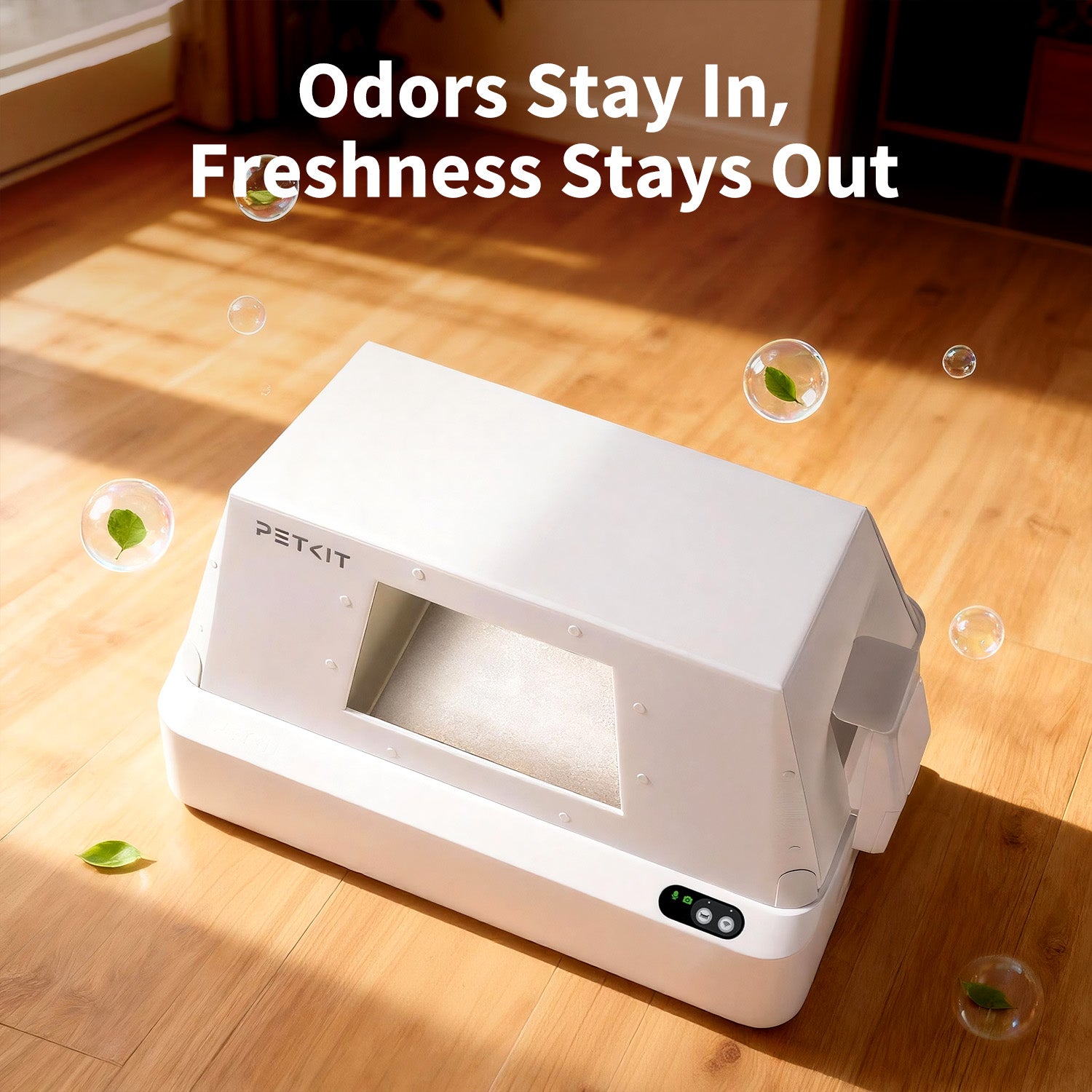 Front-Entry Hood paired with the Purobot Crystal Duo cat litter box demonstrating how it traps odors inside the litter box to keep the surrounding air fresh and breathable