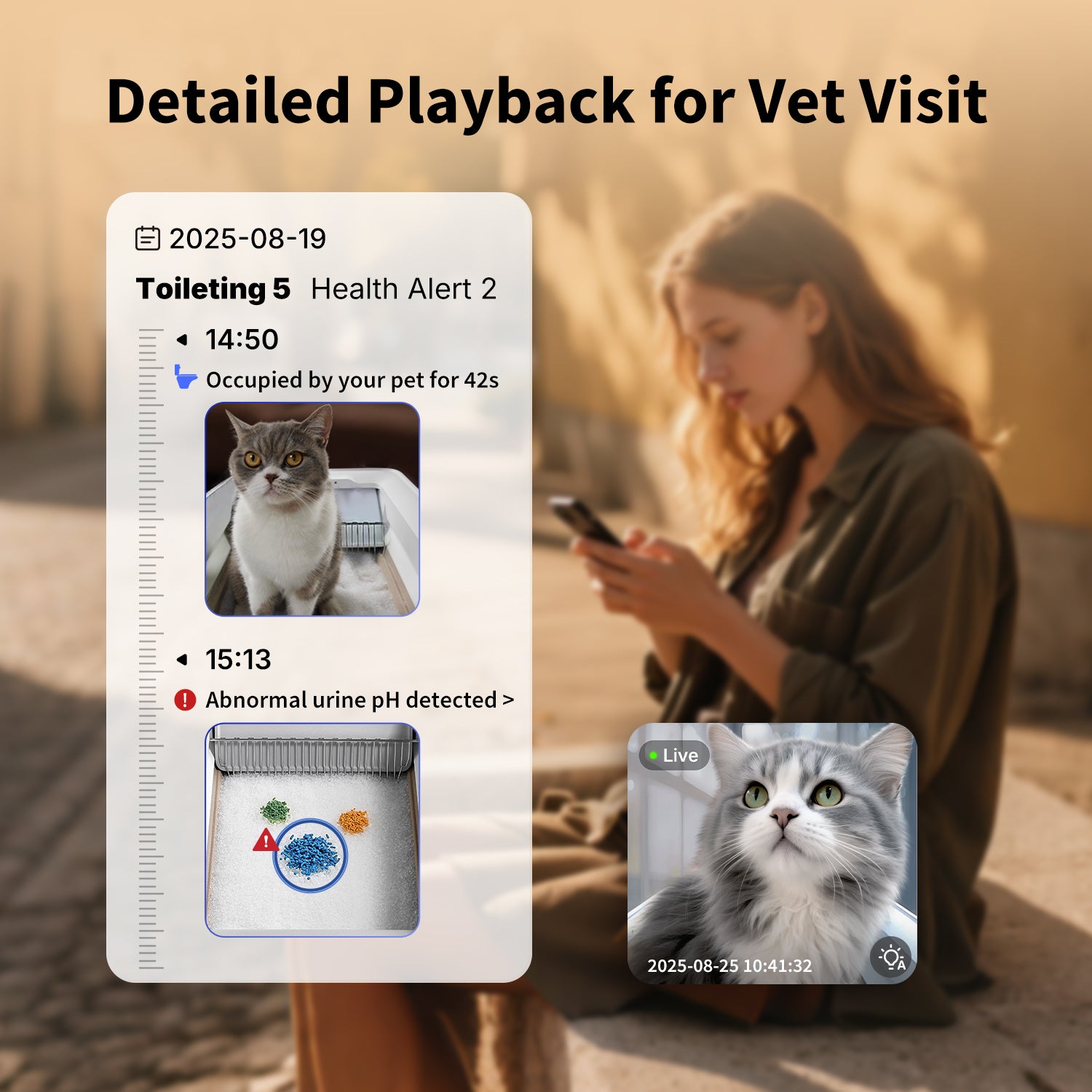 Access real-time live view via PETKIT App. Review historical events and video footage can be saved for vet reference.