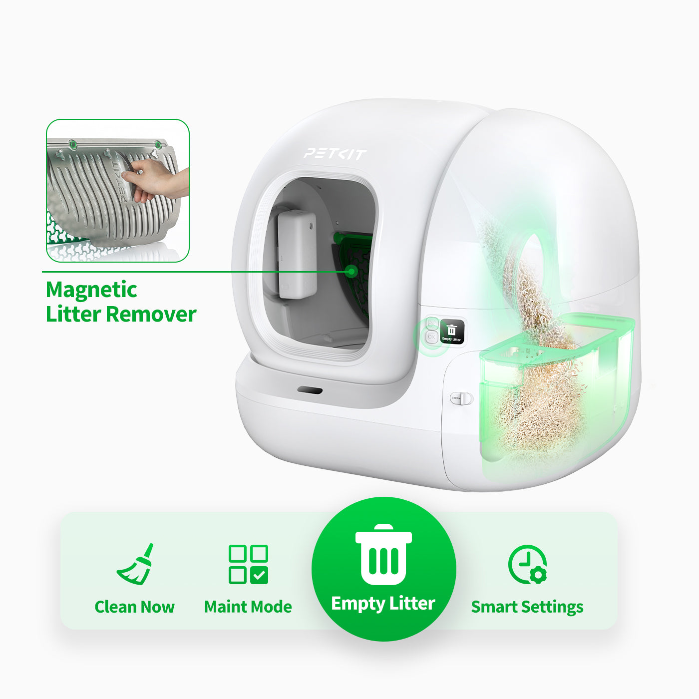 Magnetic Cat Litter Remover Set demonstrating one-click emptying of all cat litter from the cylinder