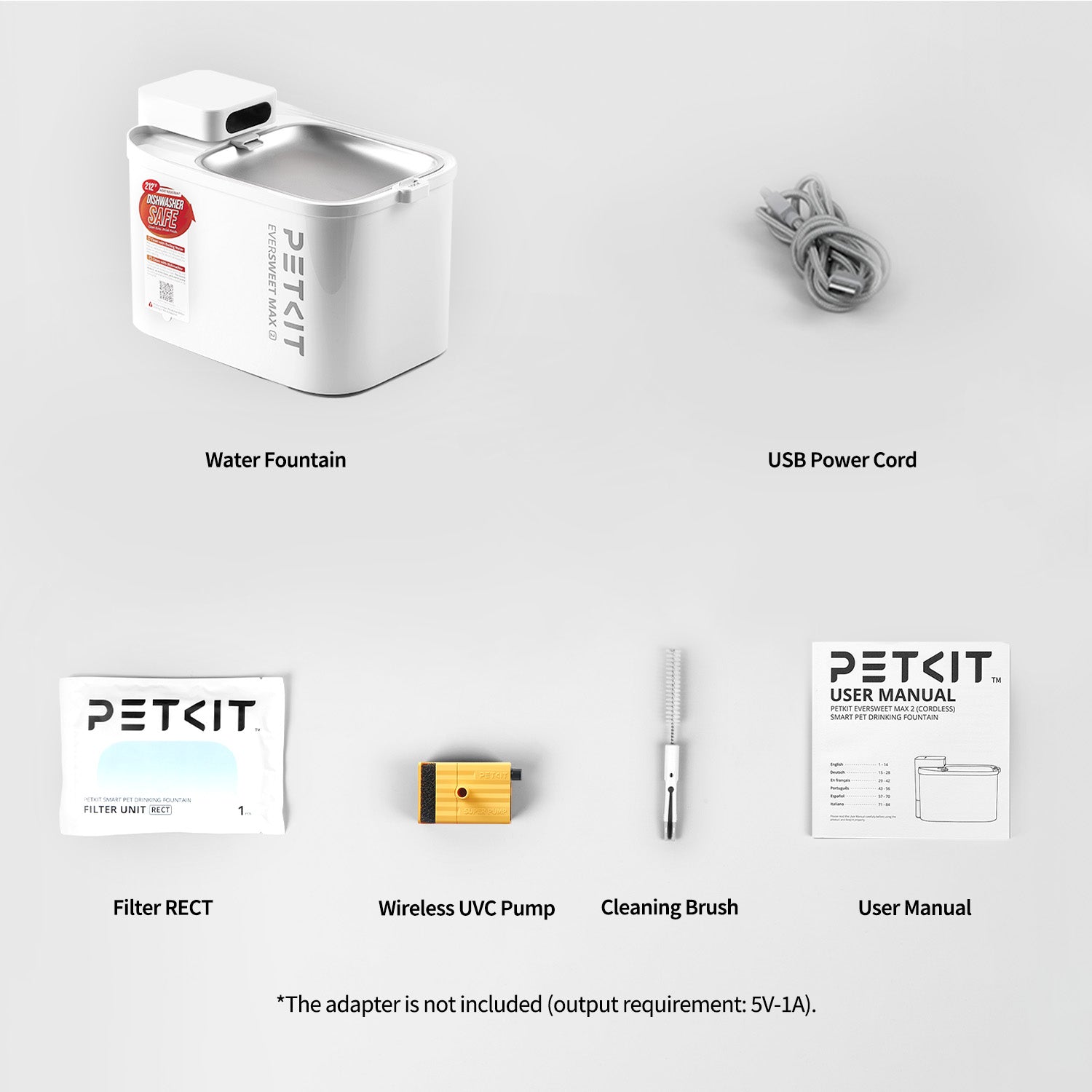 PETKIT EVERSWEET MAX 2 (UVC) package contents with water fountain, USB power cord, filter RECT, wireless UVC pump, cleaning brush, and user manual.