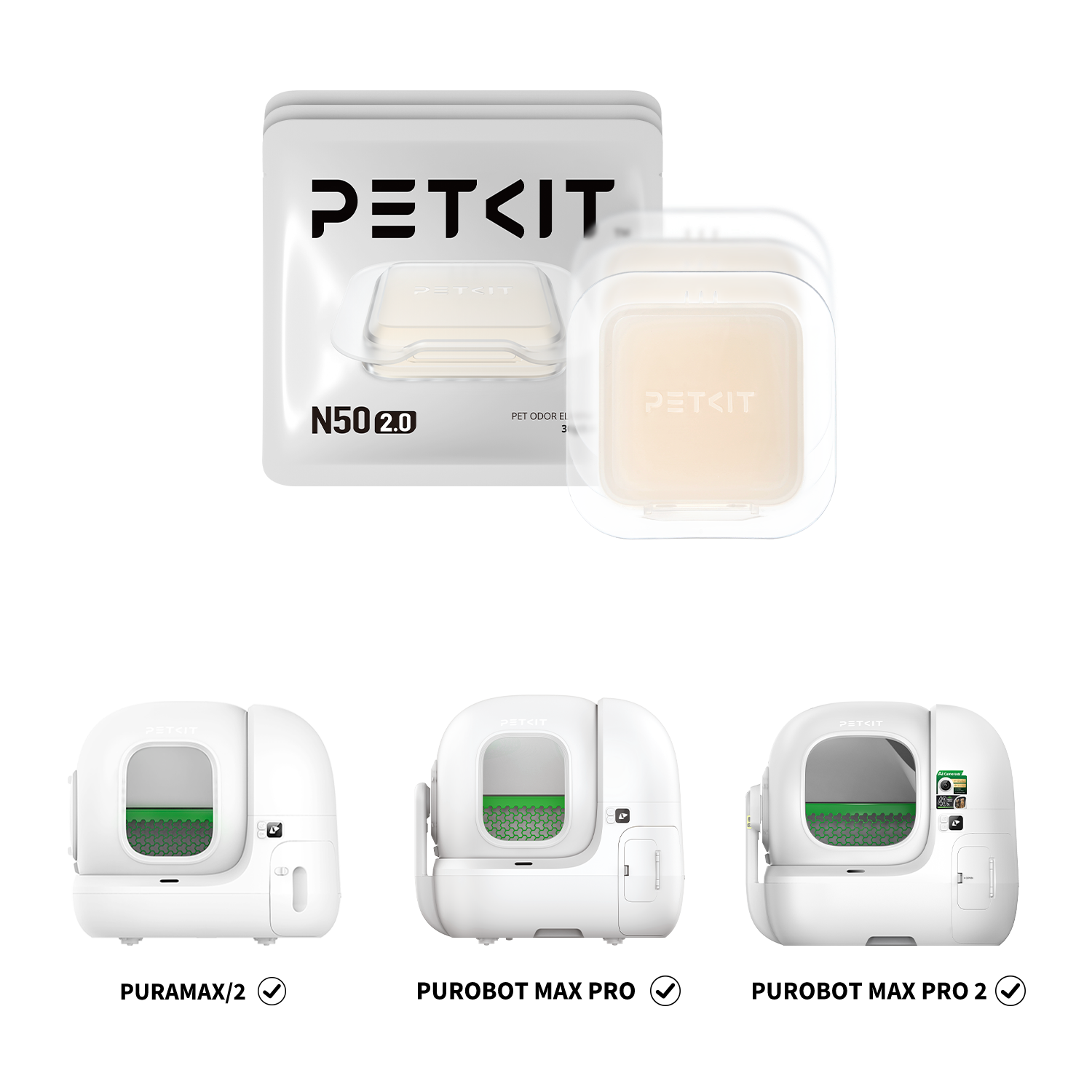 Pet Odor Eliminator N50 2.0 displayed with compatible PETKIT automatic litter boxes including PuraMax, PuraMax 2, Purobot Max Pro and Purobot Max Pro 2 Automatic Litter Box, designed for waste bin odor control