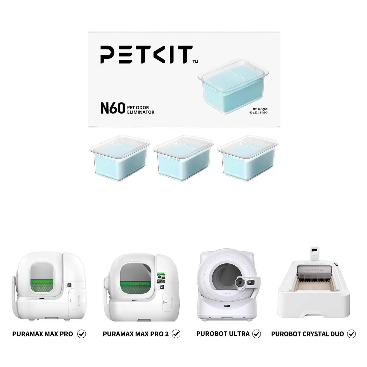 Pet Odor Eliminator N60 displayed with compatible PETKIT automatic litter boxes including Purobot Ultra, Purobot Max Pro, Purobot Max Pro 2, and Purobot Crystal Duo Automatic Litter Box for waste bin odor control