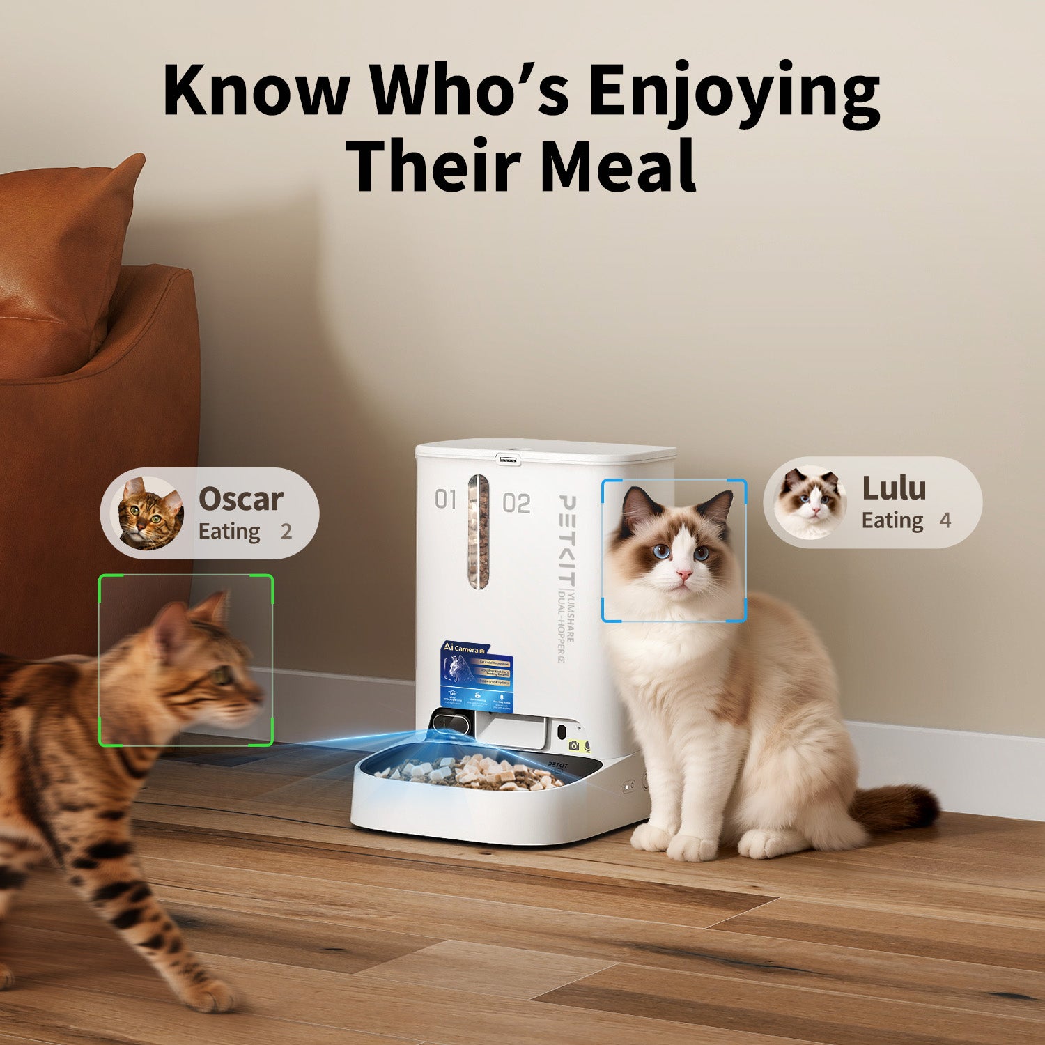 Automatic feeder with multi-cat facial recognition let you know who’s enjoying their meal.