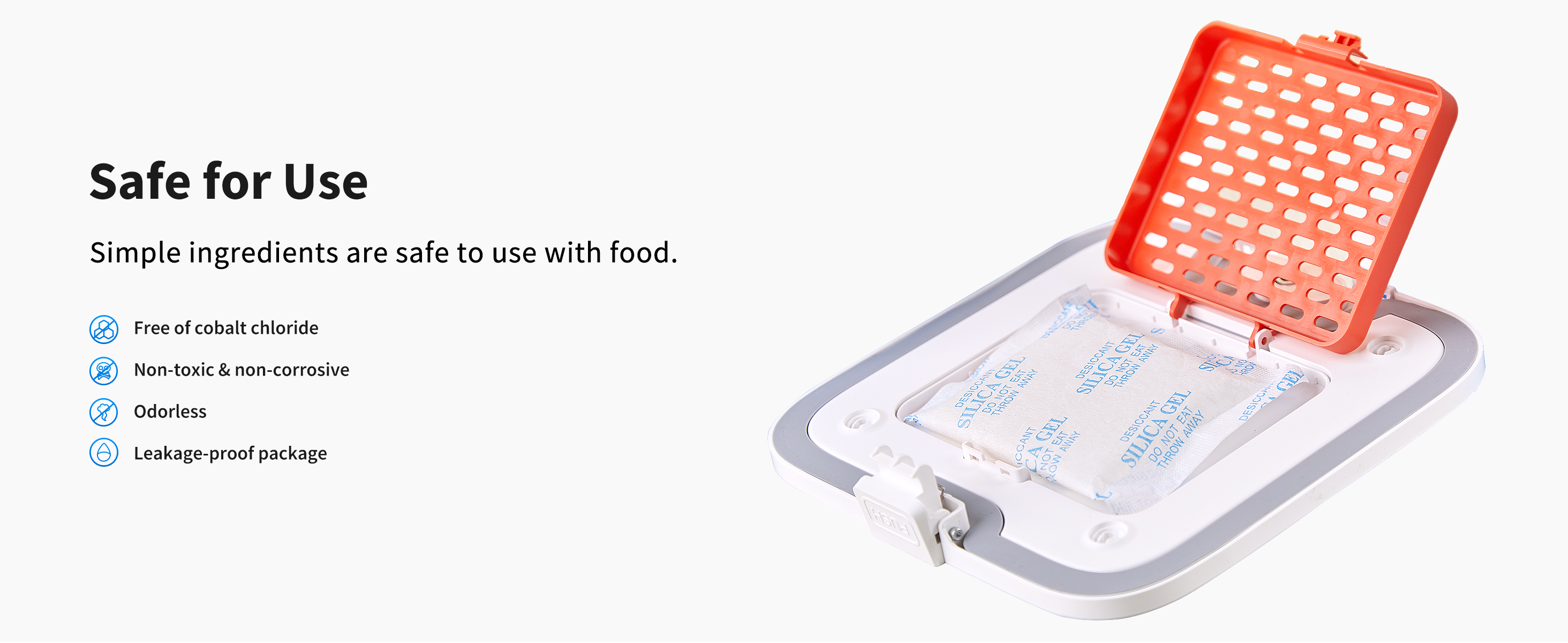 PETKIT desiccant made with simple, non-toxic ingredients, free of cobalt chloride, odorless, non-corrosive, and safely packaged for food use