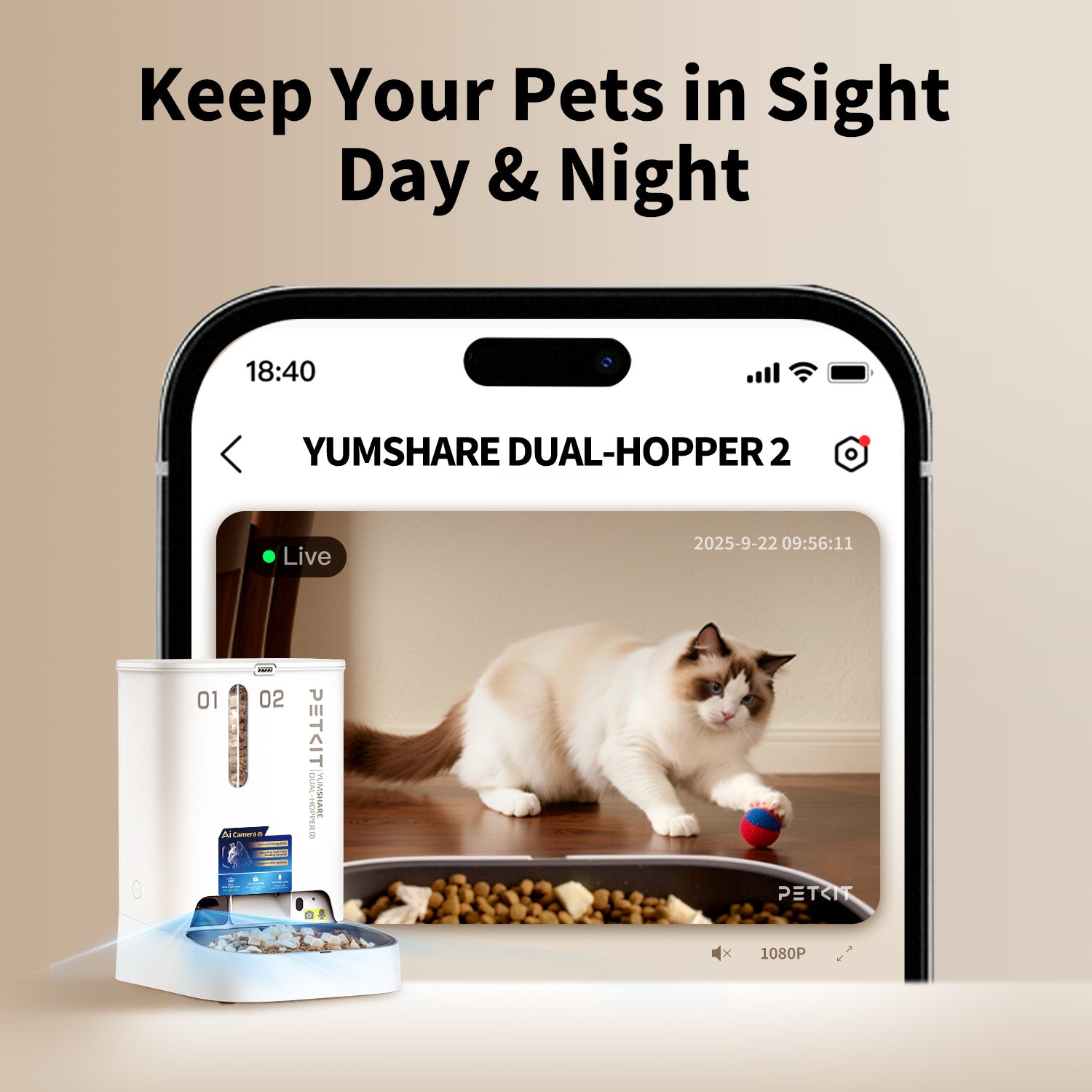 PETKIT app-controlled pet feeder with camera keeps your pets in sight day and night.