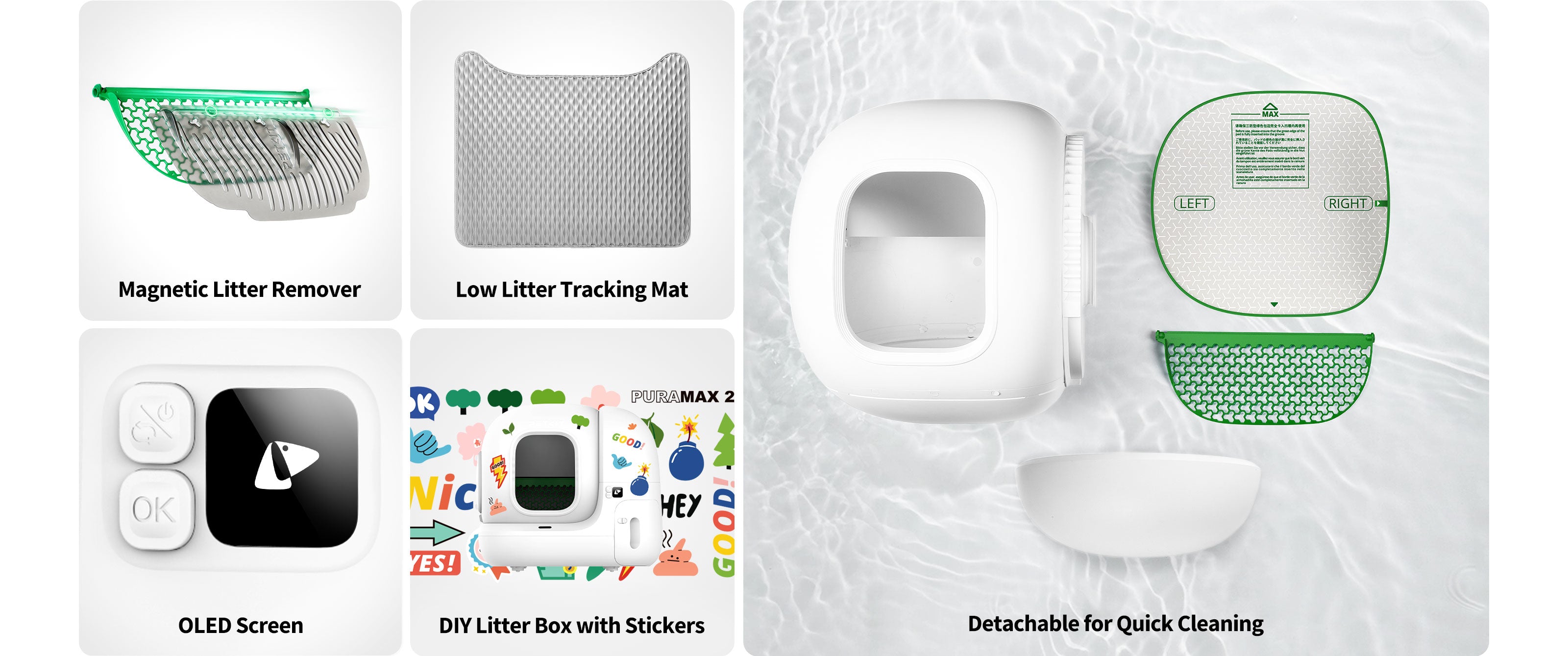 PuraMax 2 Automatic Cat Litter Box additional features including magnetic litter remover, low litter tracking mat, OLED screen, DIY stickers, and detachable parts for easy cleaning