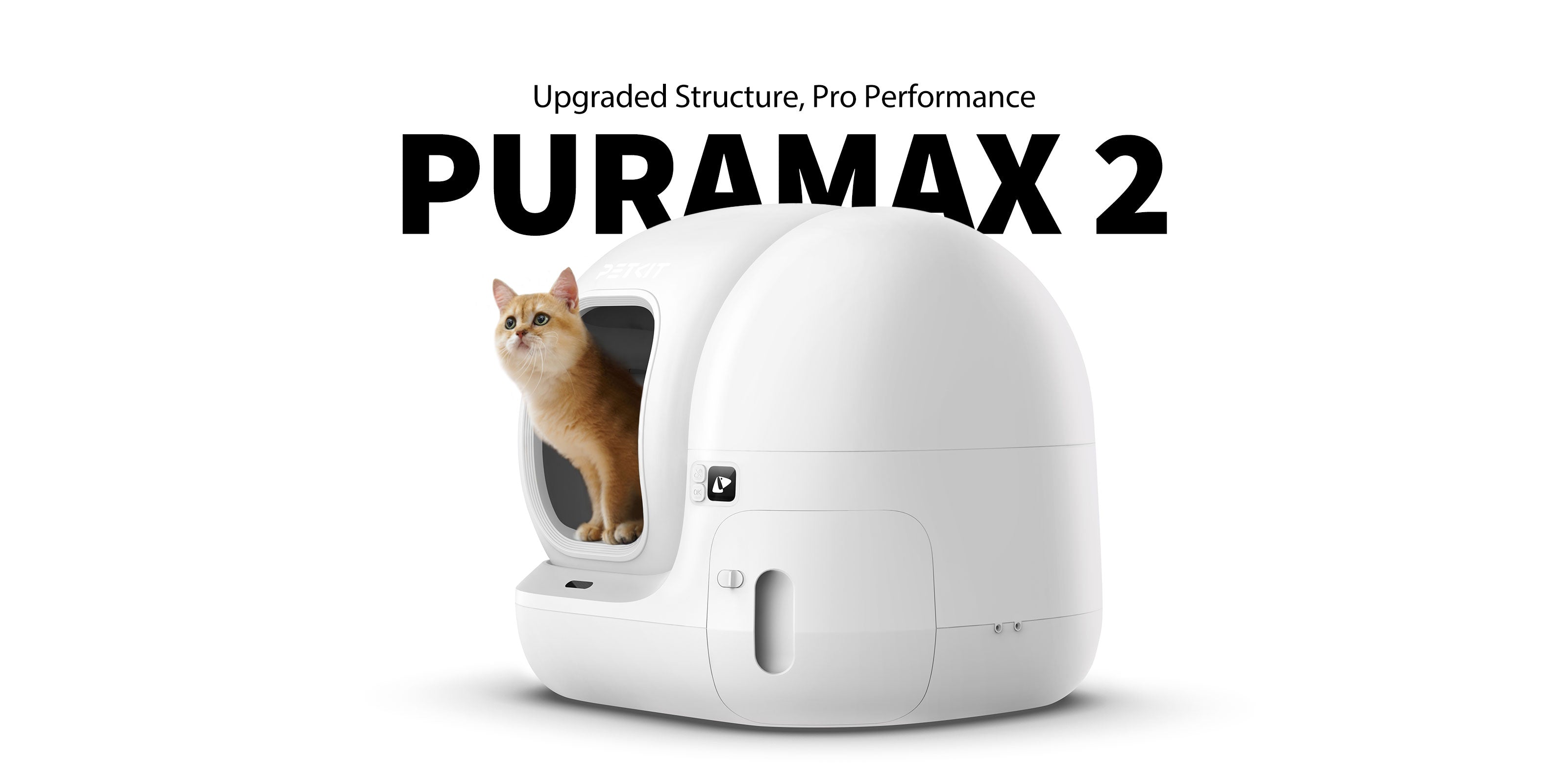 PuraMax 2 Automatic Cat Litter Box banner highlighting upgraded structure and pro-level performance