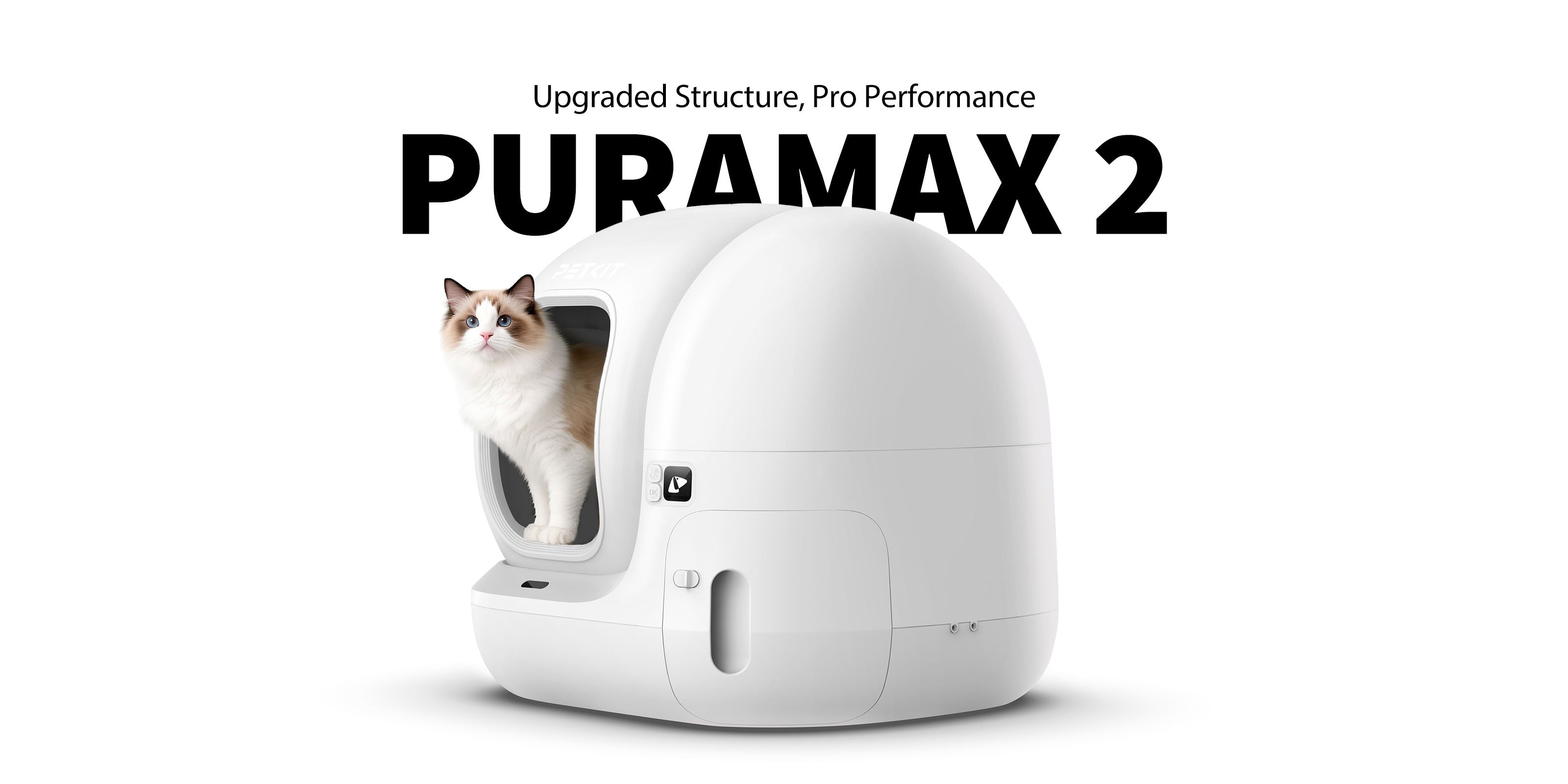 PuraMax 2 Automatic Cat Litter Box banner highlighting upgraded structure and pro-level performance
