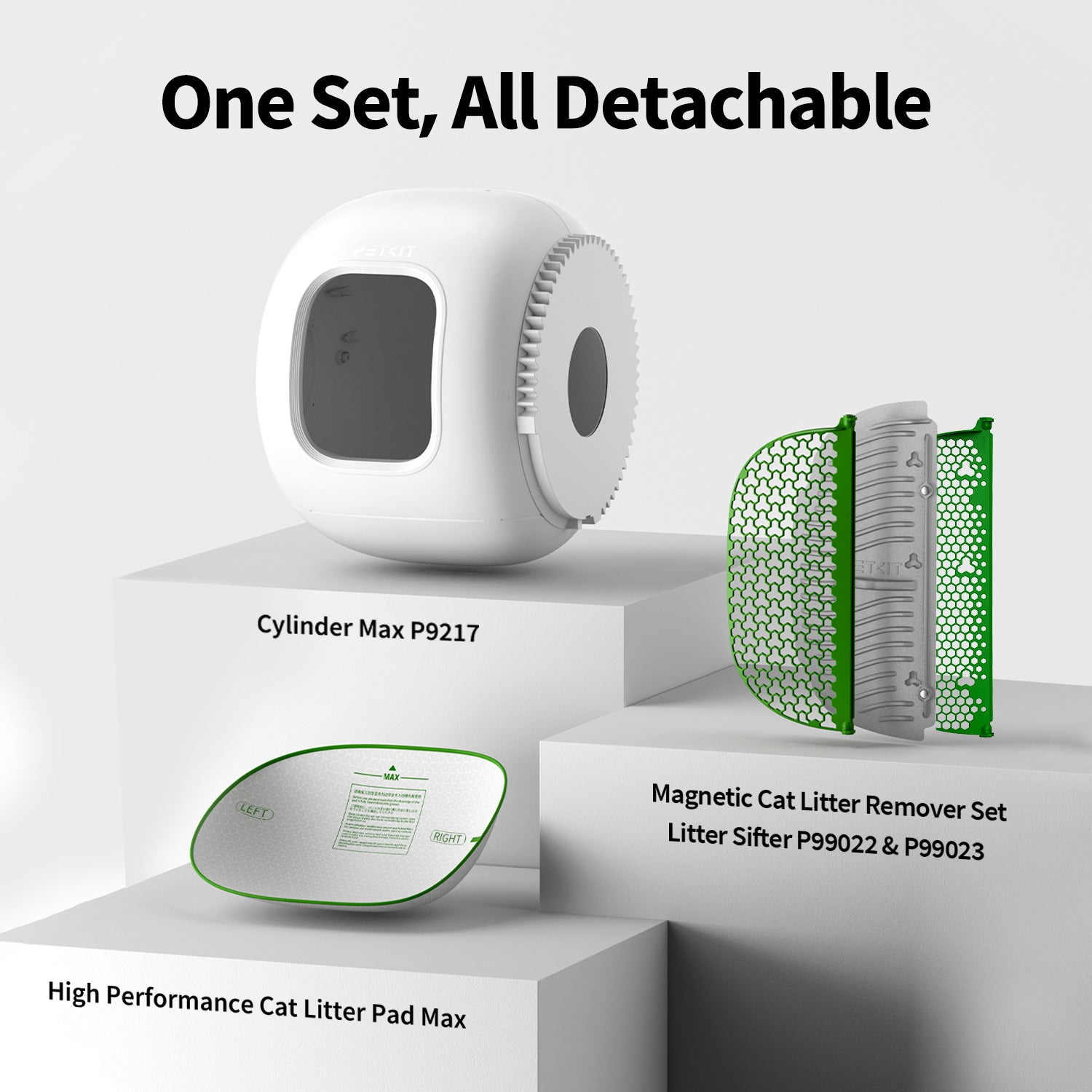 All-detachable Cylinder Max set including sealed cylinder, magnetic litter remover, litter sifter, and high-performance litter pad