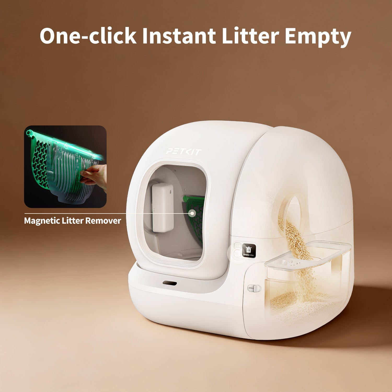 PuraMax 2 Automatic Cat Litter Box one-click instant litter emptying with magnetic litter remover for fast litter replacement