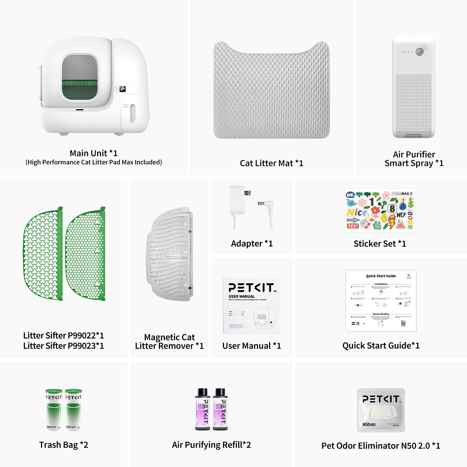 PuraMax 2 Automatic Cat Litter Box full accessory kit including main unit, cat litter mat, air purifier smart spray, litter sifters, magnetic cat litter remover, quick start guide, adapter, sticker set, trash bag, air purifying refill, pet odor eliminator and user manual