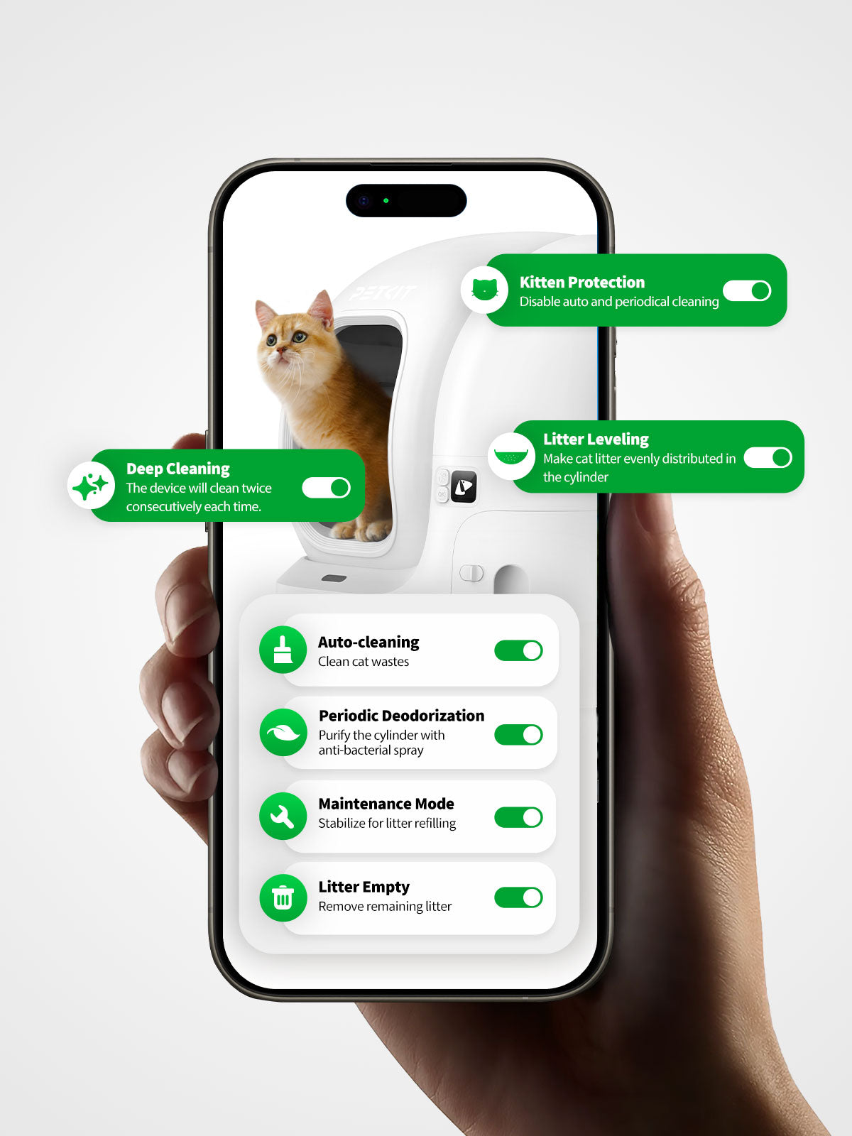 PETKIT app sending real-time notifications for the PuraMax 2 Automatic Cat Litter Box when cats visit or when the waste bin is full