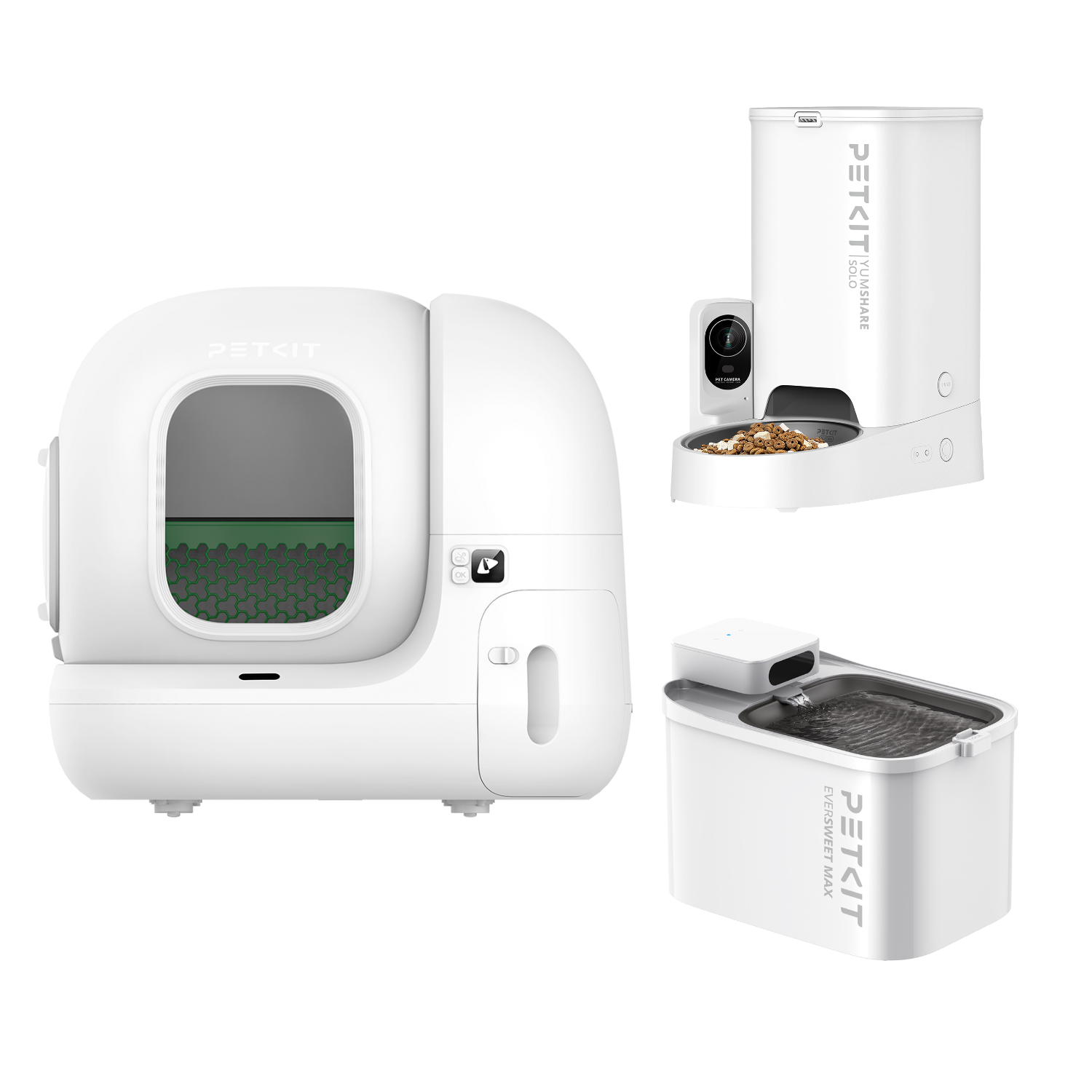 Bundle including PuraMax 2 automatic cat litter box, YumShare Solo automatic pet feeder with camera, and EverSweet Max 2 UVC pet water fountain