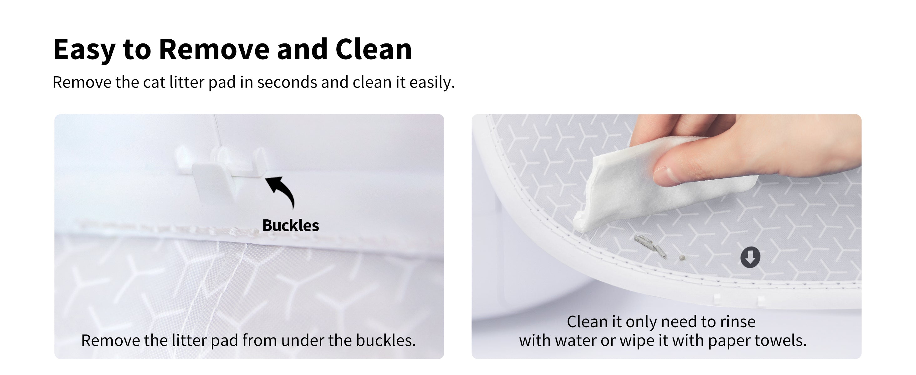 High Performance Cat Litter Pad being lifted from PuraMax Automatic Litter Box, demonstrating effortless removal and cleaning