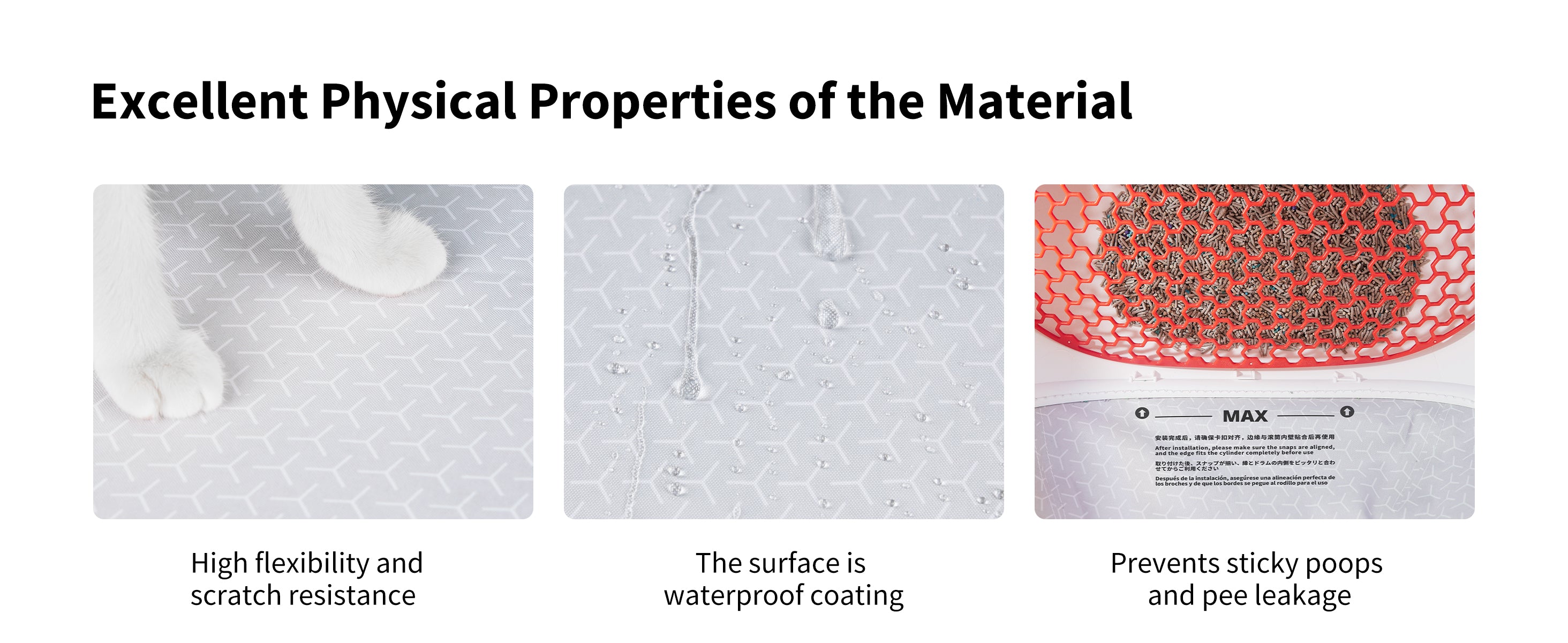 Close-up of High Performance Cat Litter Pad material showing high flexibility, scratch resistance, waterproof coating, and odor-free surface