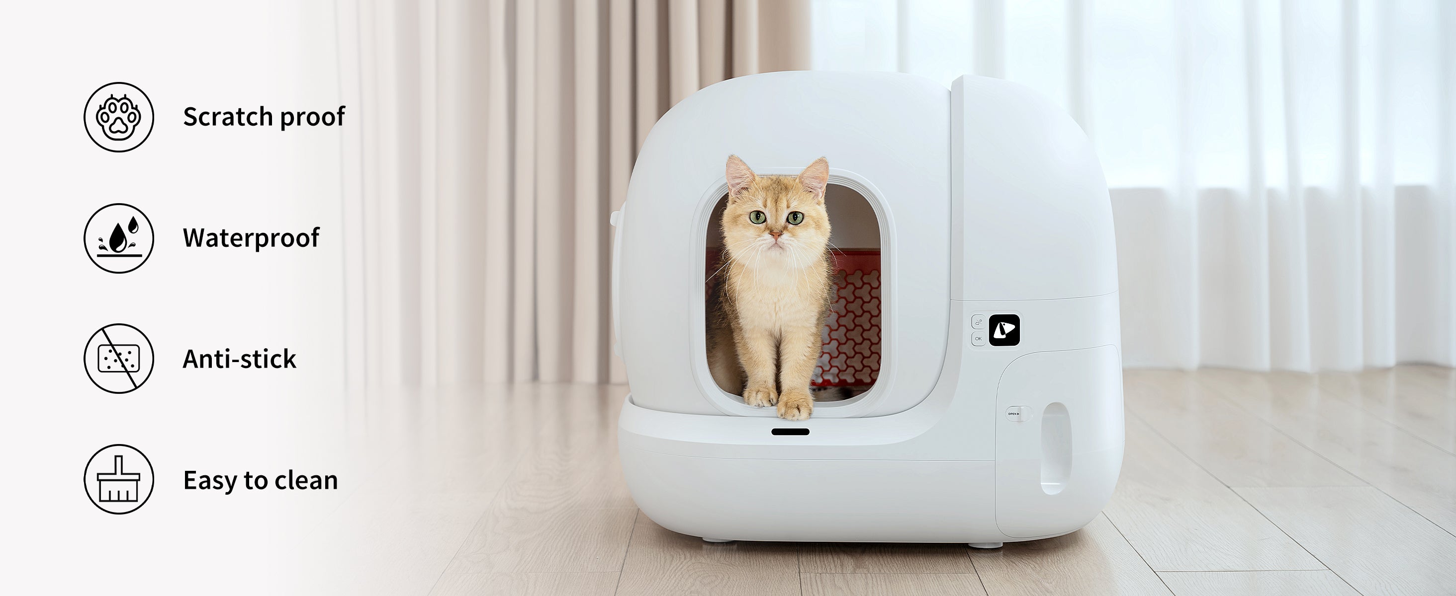 Cat using PuraMax Automatic Litter Box with High Performance Cat Litter Pad, demonstrating scratch-proof surface, waterproof protection, anti-stick design, and easy-to-clean functionality