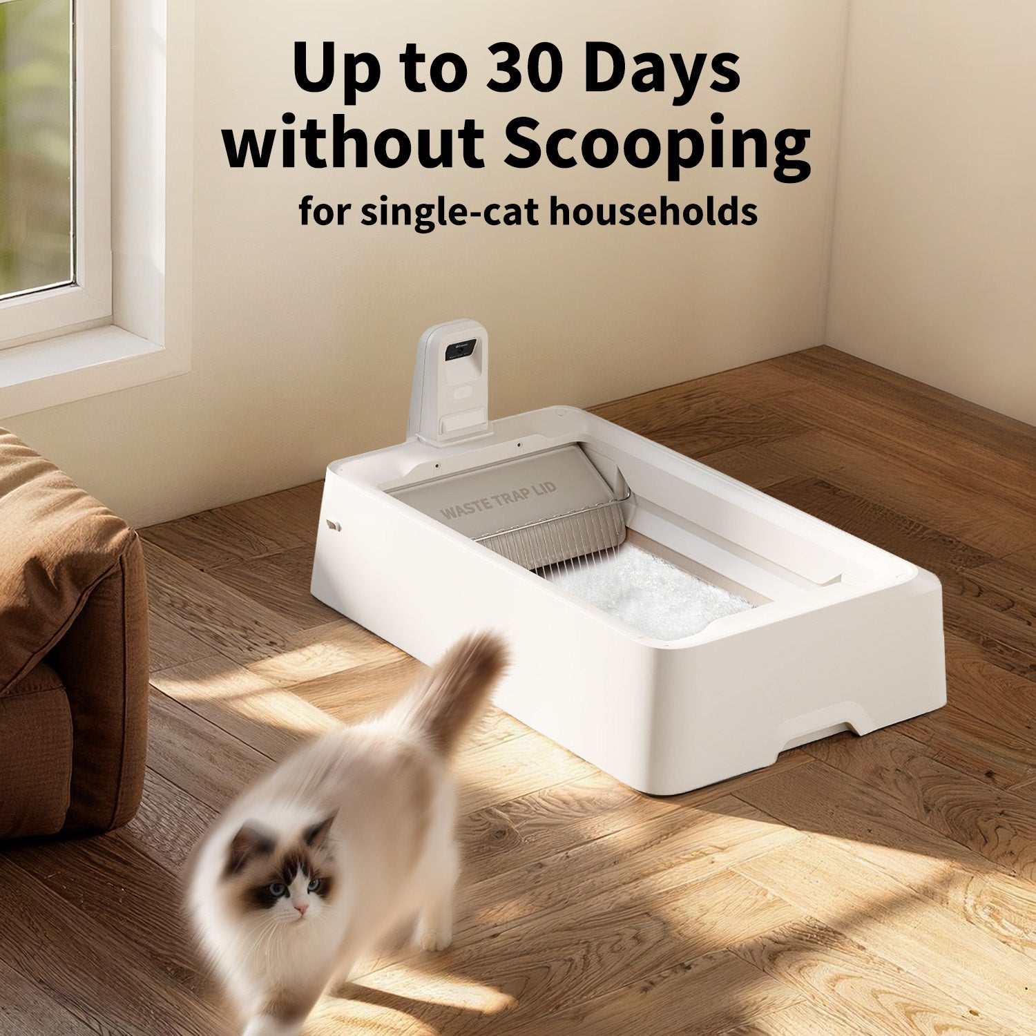 PUROBOT CRYSTAL DUO automatic cat litter box keeps waste contained for up to 30 days without scooping in single-cat homes.