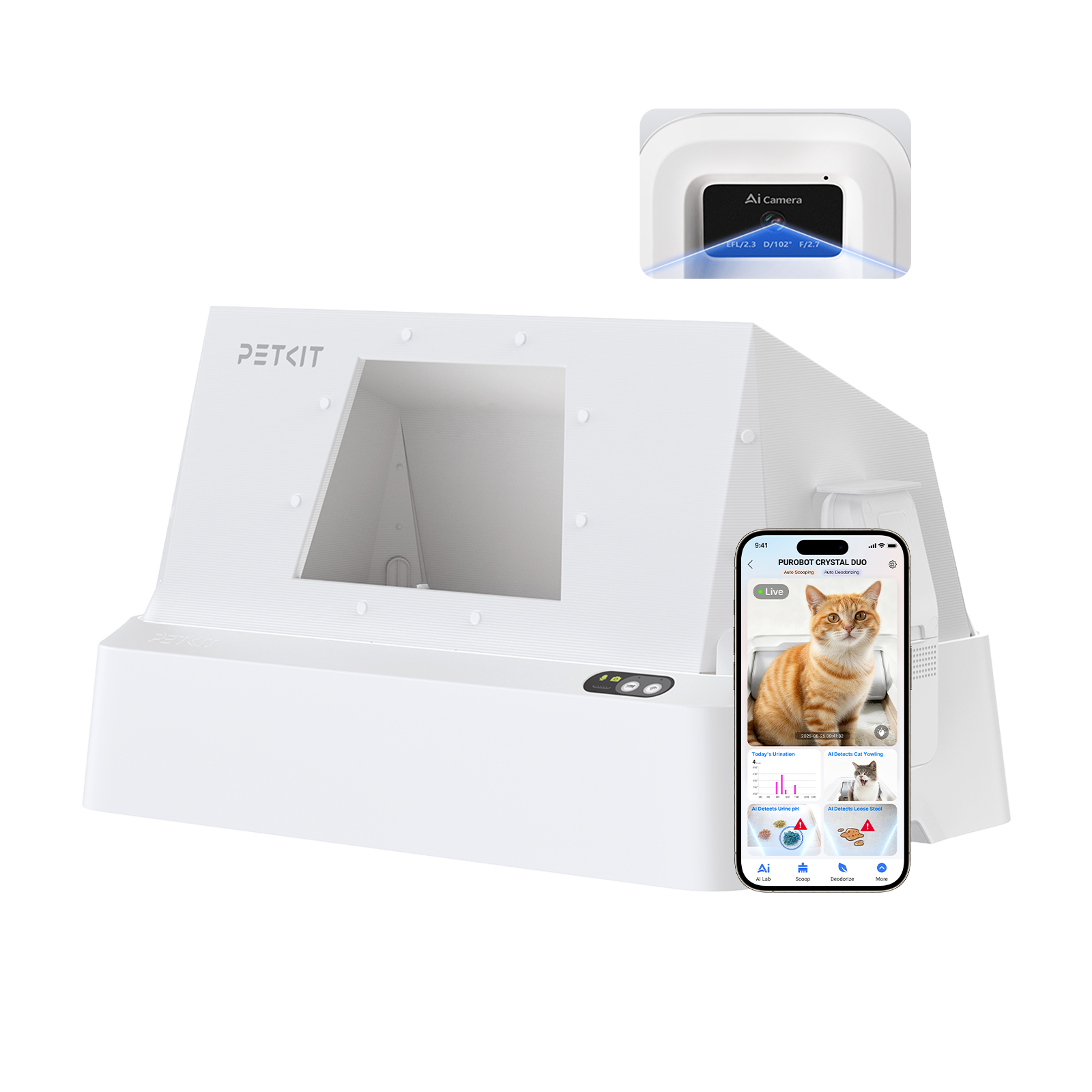PUROBOT CRYSTAL DUO automatic cat litter box with hood, features an open-top design and AI camera for modern homes.