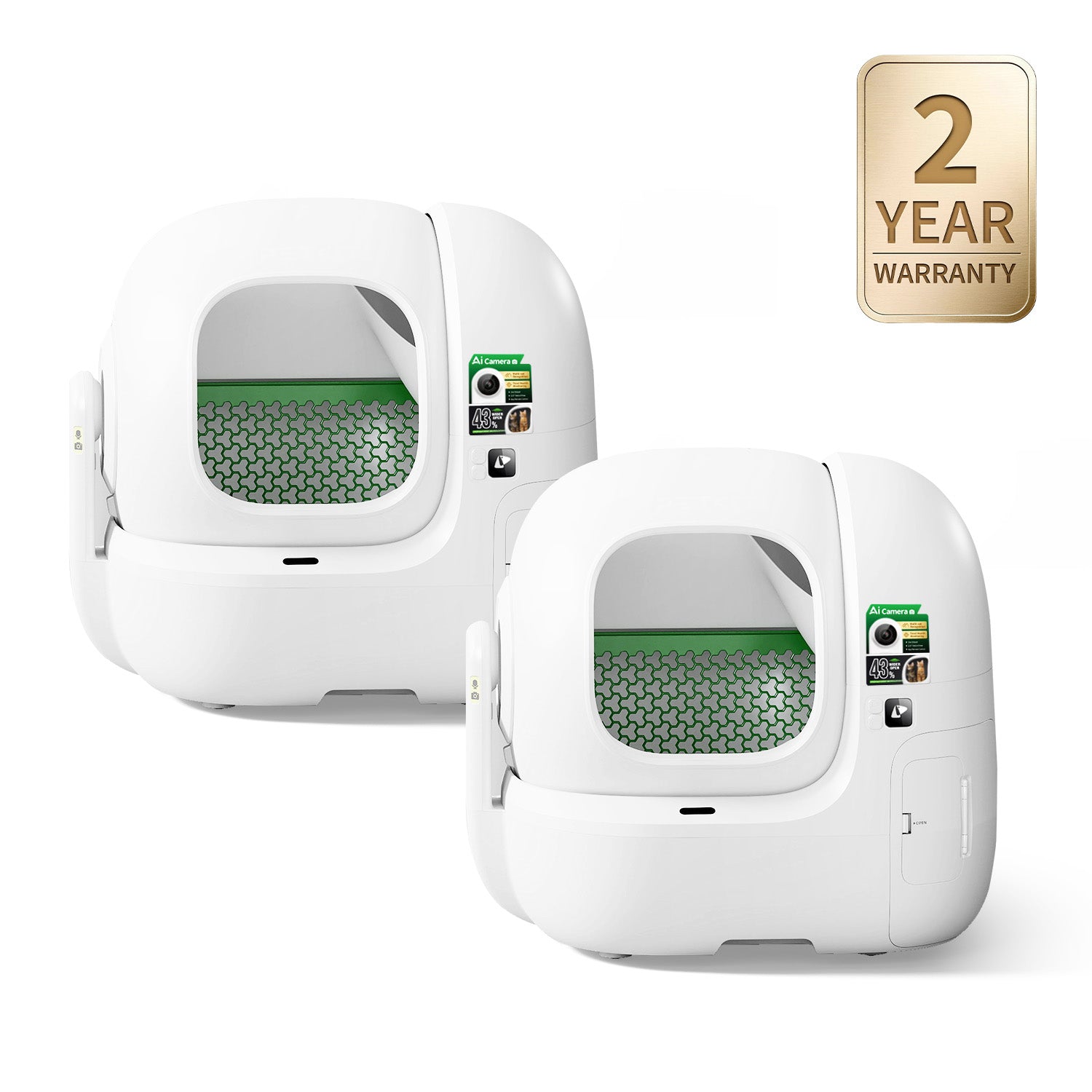 Two Purobot Max Pro 2 Automatic Cat Litter Boxes on a white background, featuring a 2-year warranty badge.