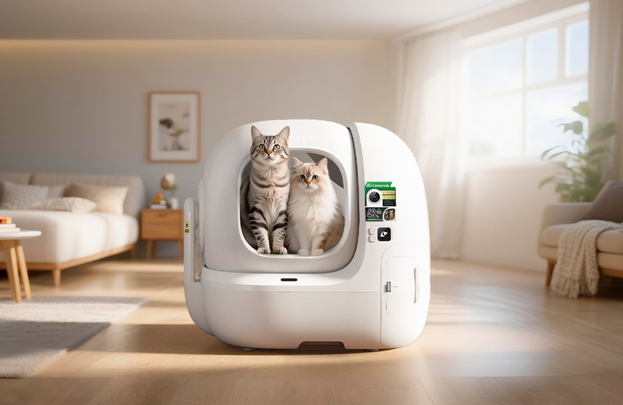 PUROBOT MAX PRO 2 Automatic Litter Box in modern home setting with two cats at the larger entry, demonstrating spacious design and comfort for daily use
