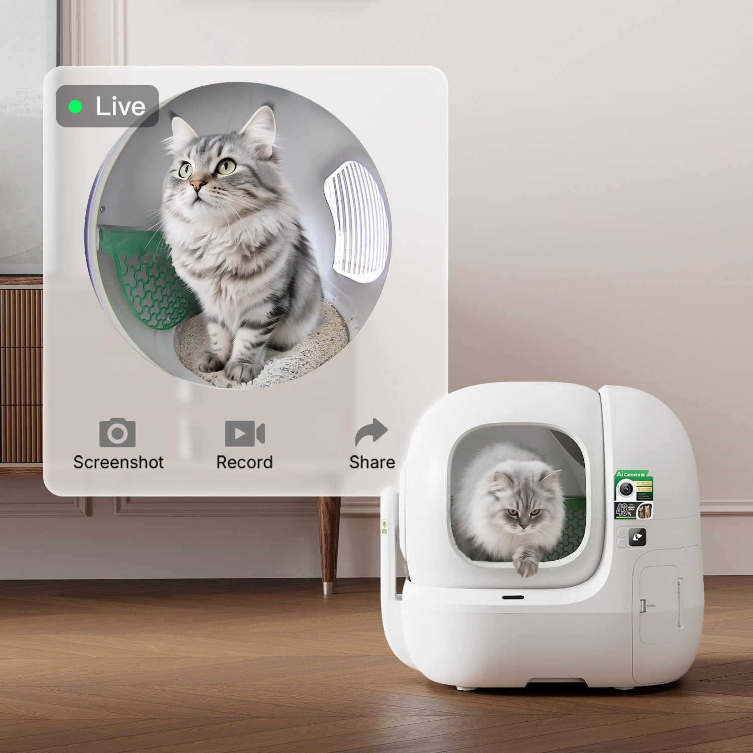 Cat using PUROBOT MAX PRO 2 litter box with AI camera live monitoring in home scene