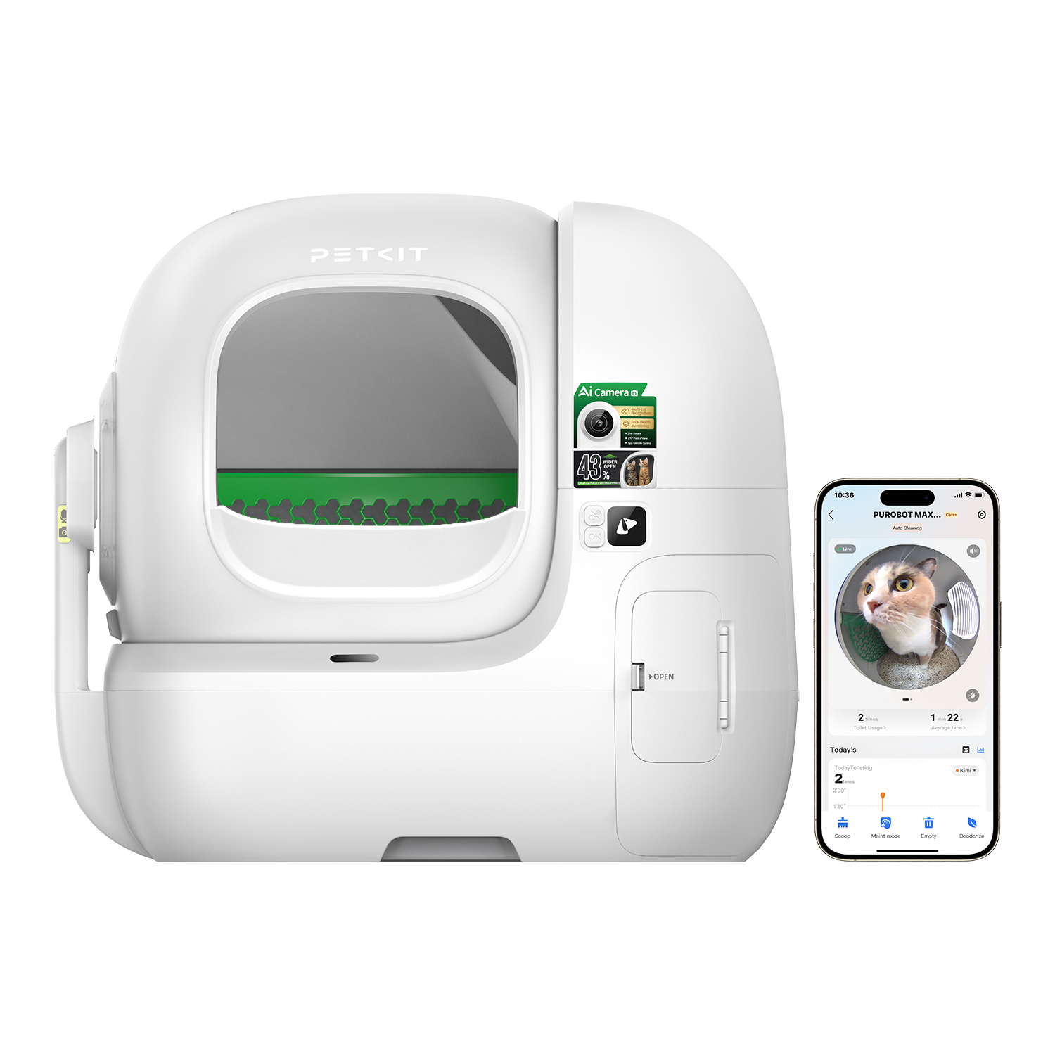 The PUROBOT MAX PRO 2 automatic litter box with a fence can be controlled via a smartphone app.